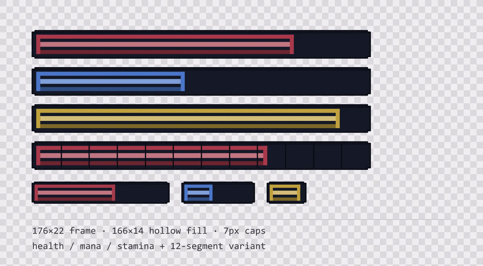 Three horizontal game status bars stacked on a checkerboard background, filled to different levels for health, mana and stamina, with a segmented 12-notch bar and three smaller bars beneath them