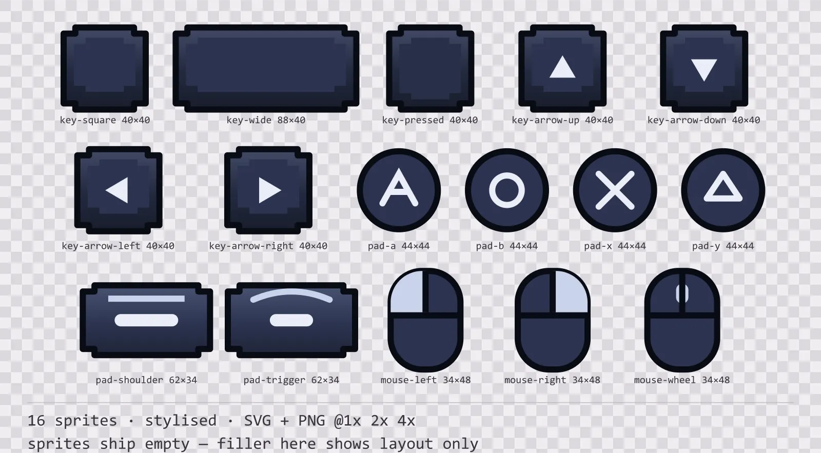 Sheet showing 16 stylised input prompt sprites from the Reliquary family, arranged on a transparency checkerboard with their pixel sizes printed underneath