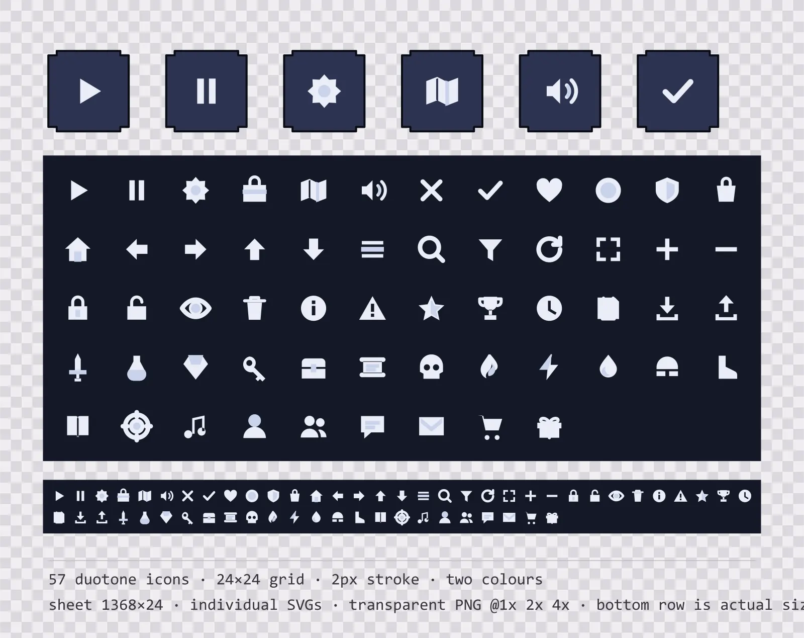 57 two-tone game menu icons on cold stone tiles, shown large, laid out on a sheet grid, and again at actual 24 pixel size