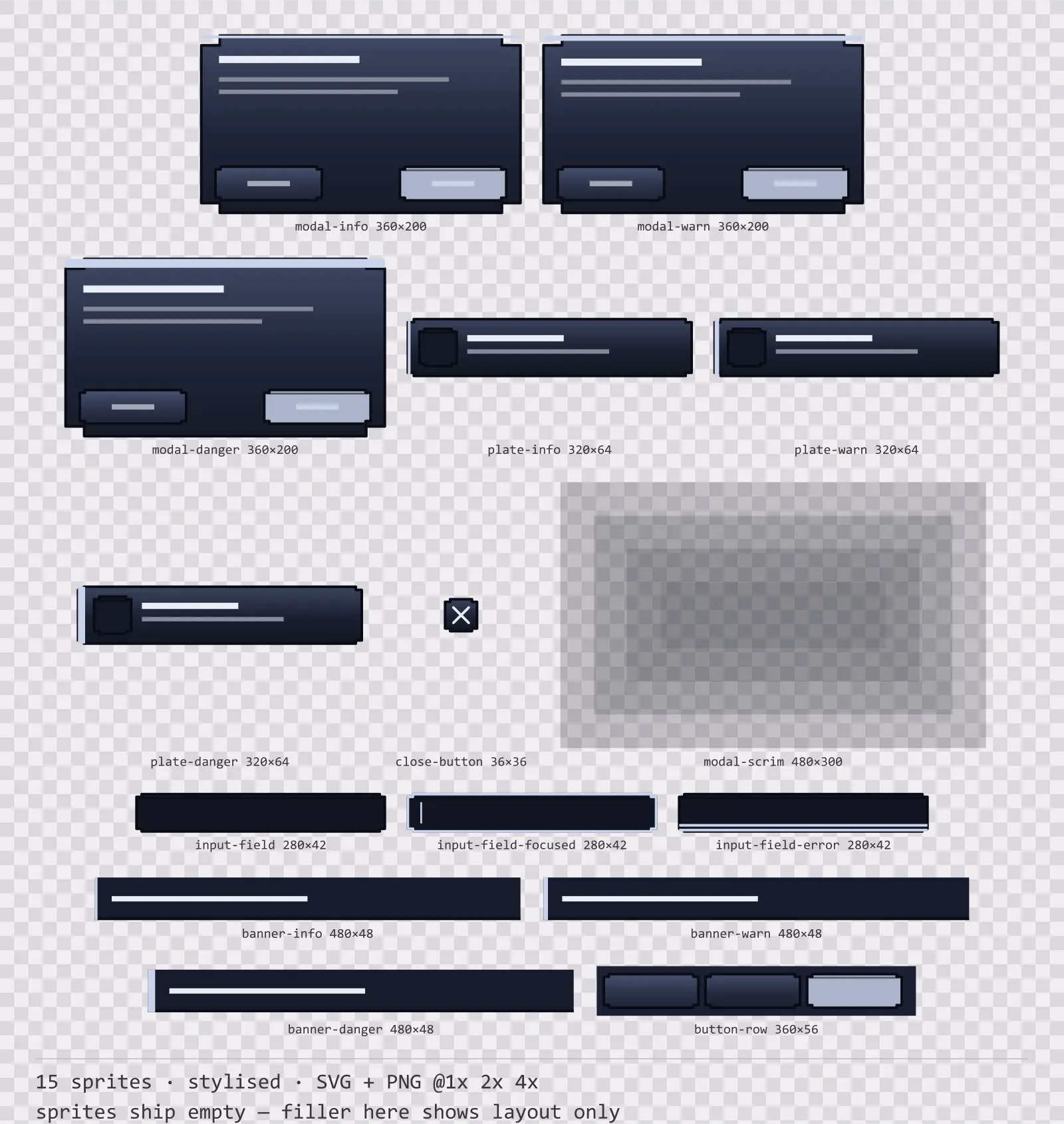 Sheet showing 15 stylised modal dialogs and system notices from the Reliquary family, arranged on a transparency checkerboard with their pixel sizes printed underneath