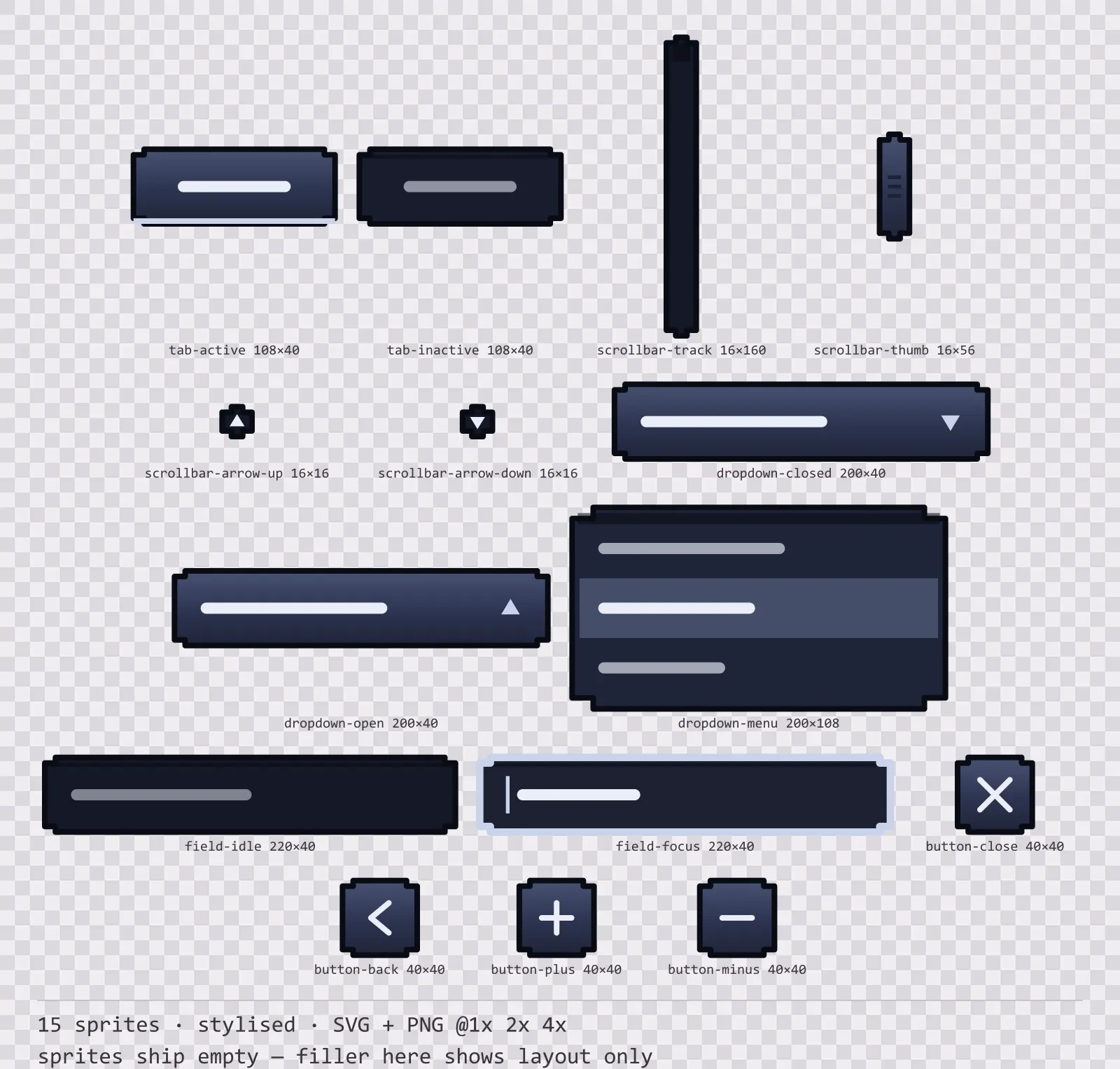 Sheet showing 15 stylised navigation and input components from the Reliquary family, arranged on a transparency checkerboard with their pixel sizes printed underneath
