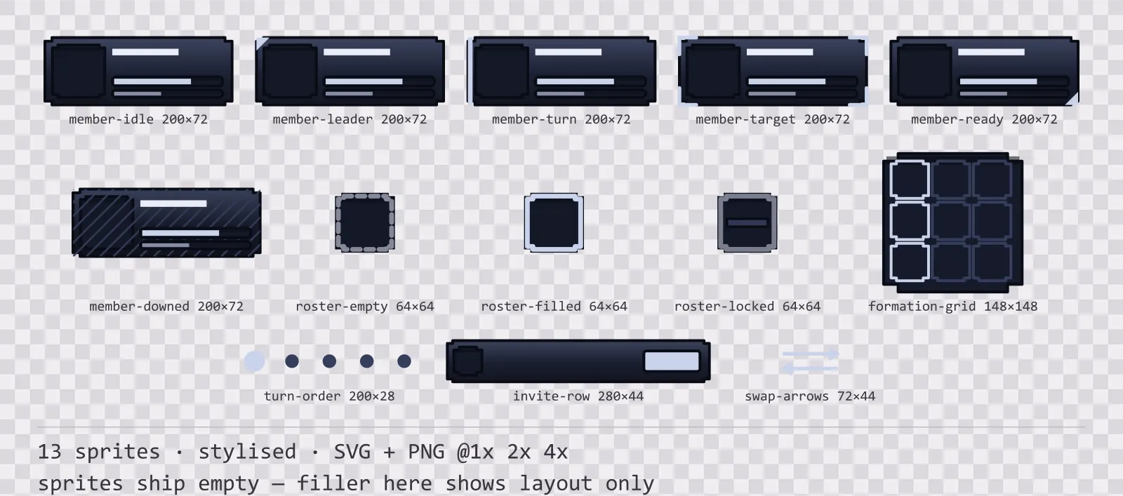 Sheet showing 13 stylised party and roster widgets from the Reliquary family, arranged on a transparency checkerboard with their pixel sizes printed underneath