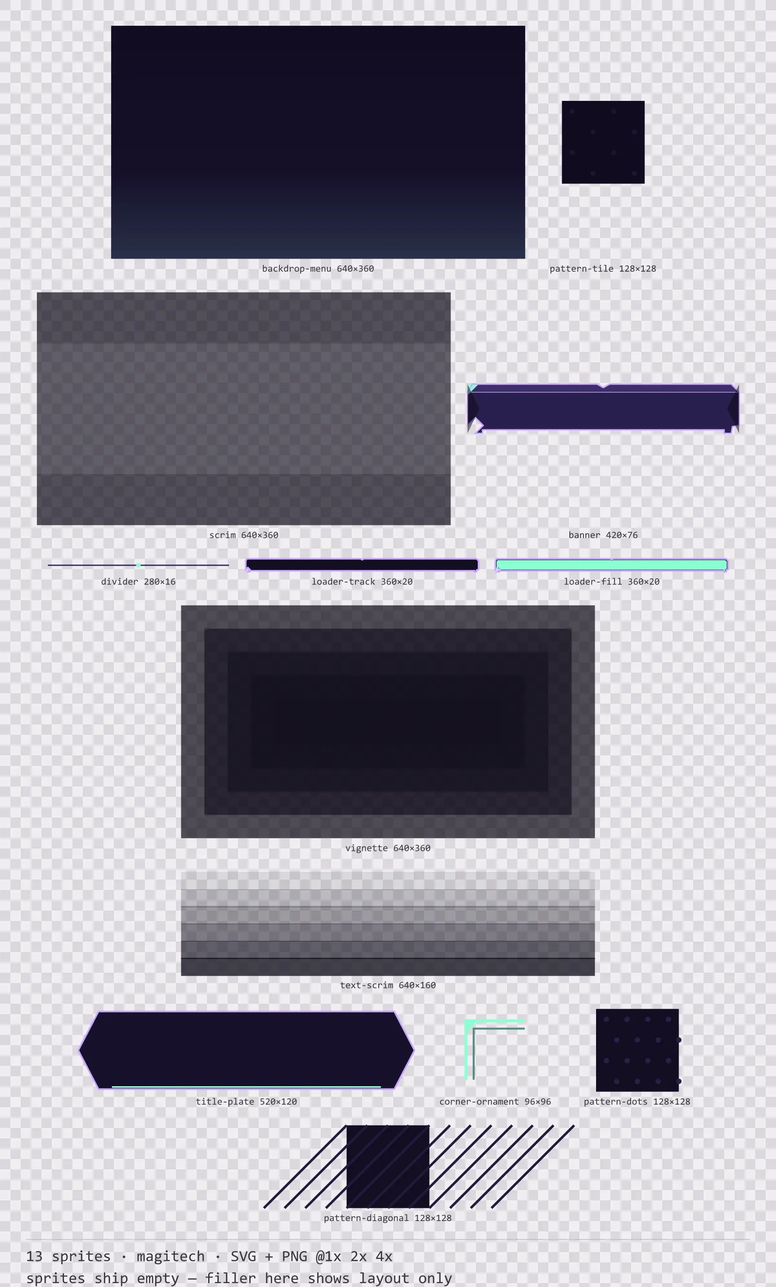 Sheet showing 13 magitech background and overlay pieces from the Runeforge family, arranged on a transparency checkerboard with their pixel sizes printed underneath