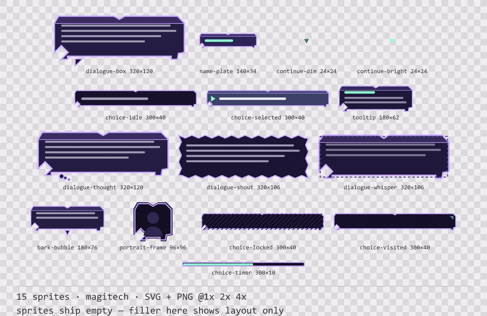 Sheet showing 15 magitech dialogue components from the Runeforge family, arranged on a transparency checkerboard with their pixel sizes printed underneath