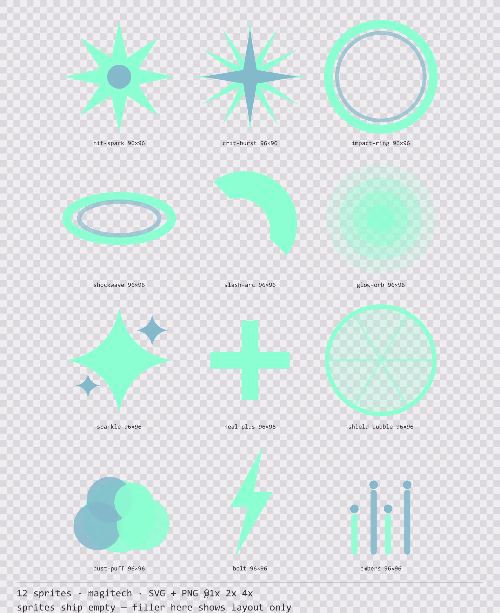 Sheet showing 12 magitech impact and effect sprites from the Runeforge family, arranged on a transparency checkerboard with their pixel sizes printed underneath
