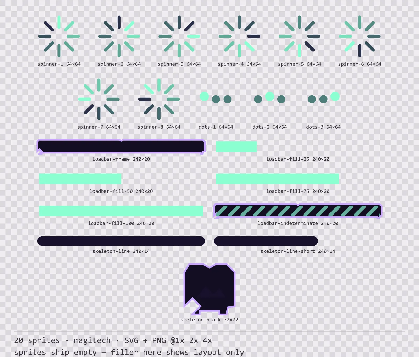 Sheet showing 20 magitech loading and waiting indicators from the Runeforge family, arranged on a transparency checkerboard with their pixel sizes printed underneath