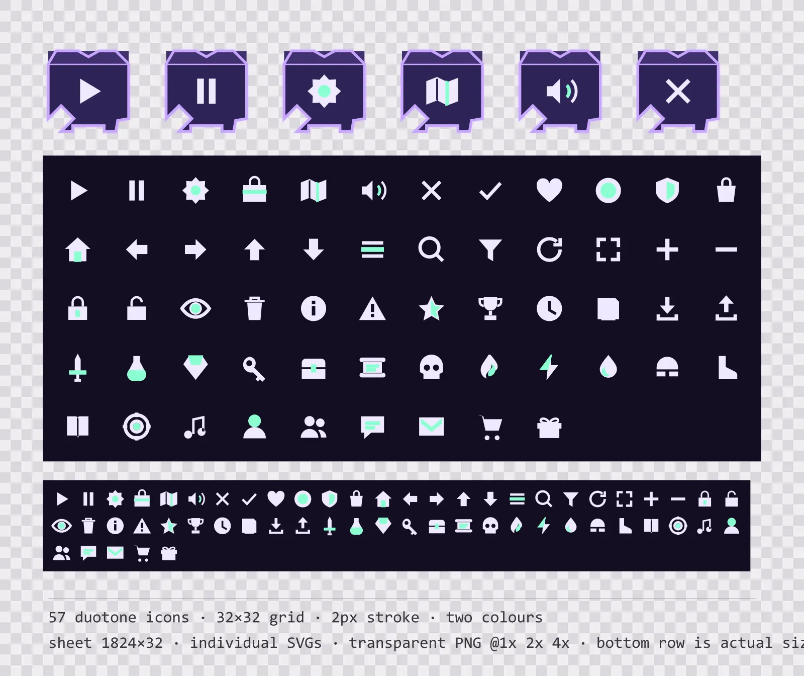 57 two-tone game menu icons on rune light tiles, shown large, laid out on a sheet grid, and again at actual 32 pixel size