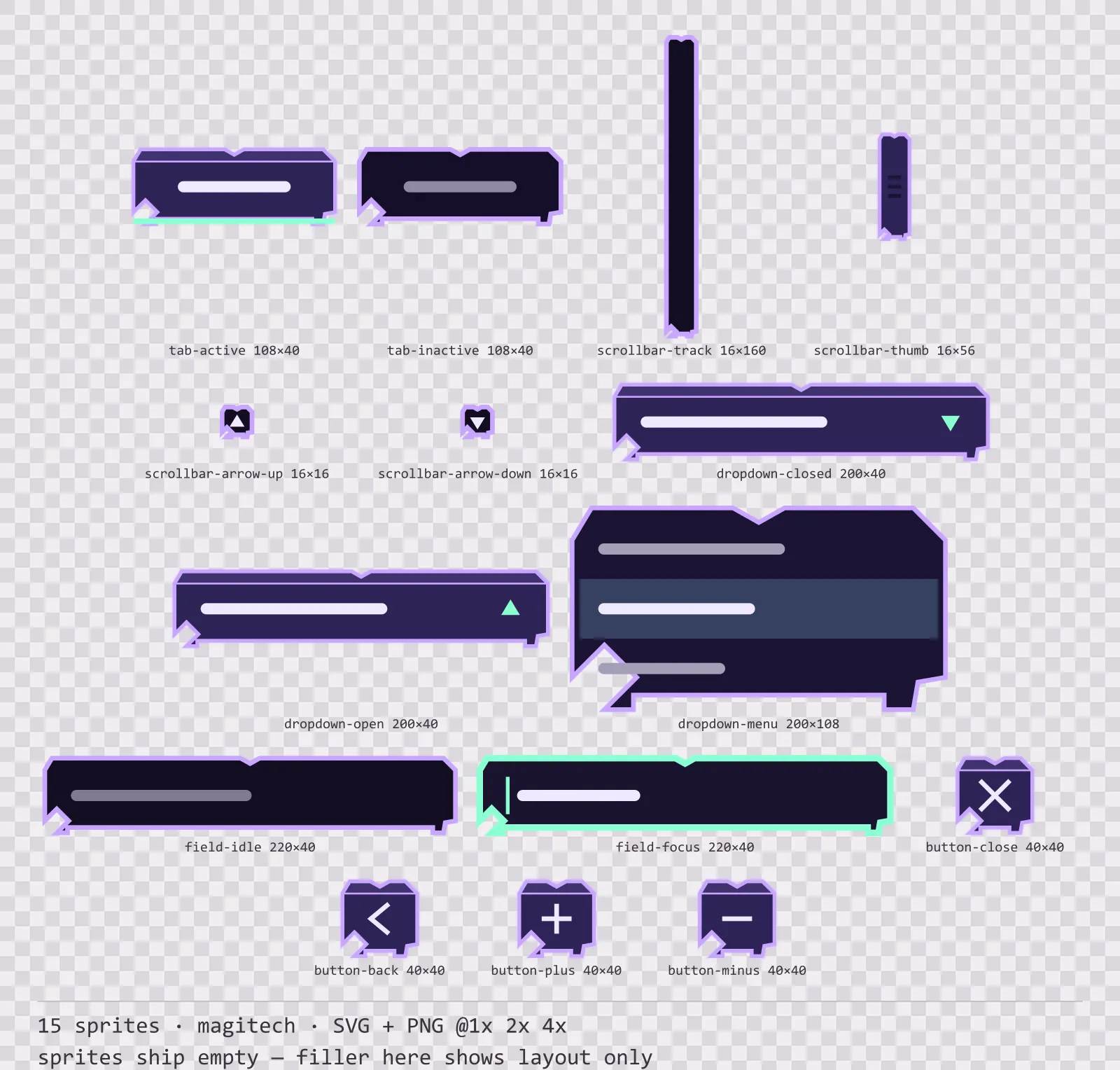 Sheet showing 15 magitech navigation and input components from the Runeforge family, arranged on a transparency checkerboard with their pixel sizes printed underneath