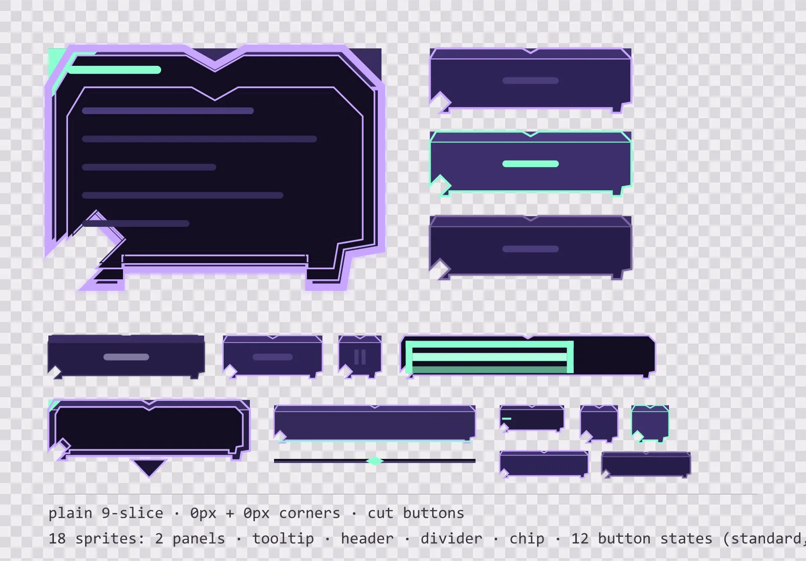 rune light game menu panel with a spell mint title strip and a recessed list area, next to a column showing the same chamfered button in default, outlined hover and pushed-in pressed states