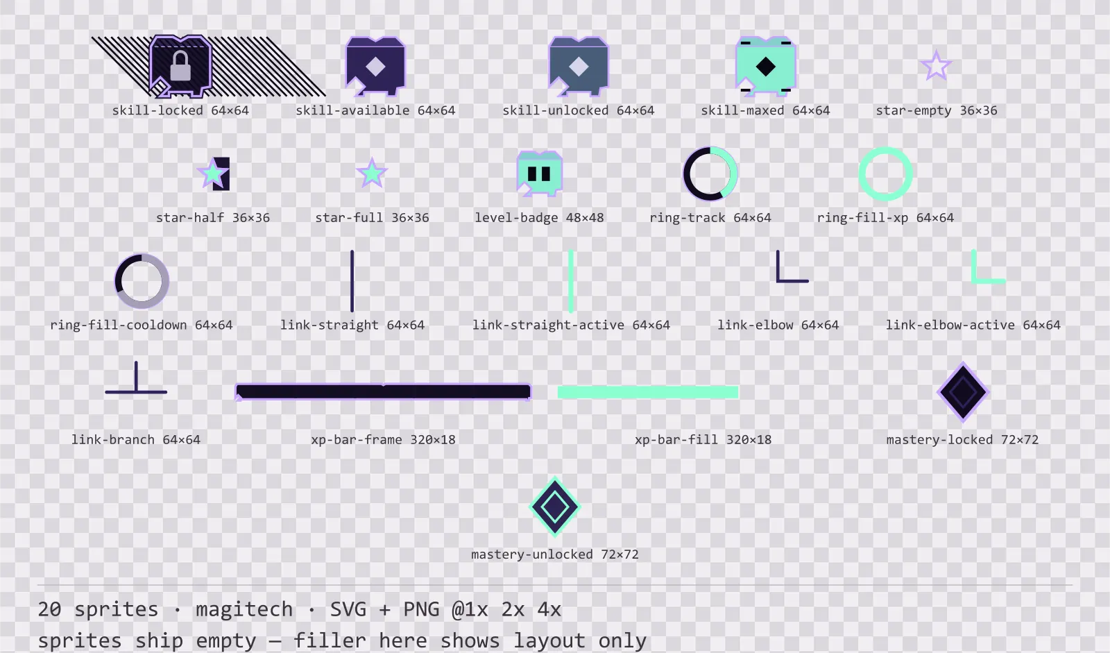 Sheet showing 20 magitech progression and reward components from the Runeforge family, arranged on a transparency checkerboard with their pixel sizes printed underneath