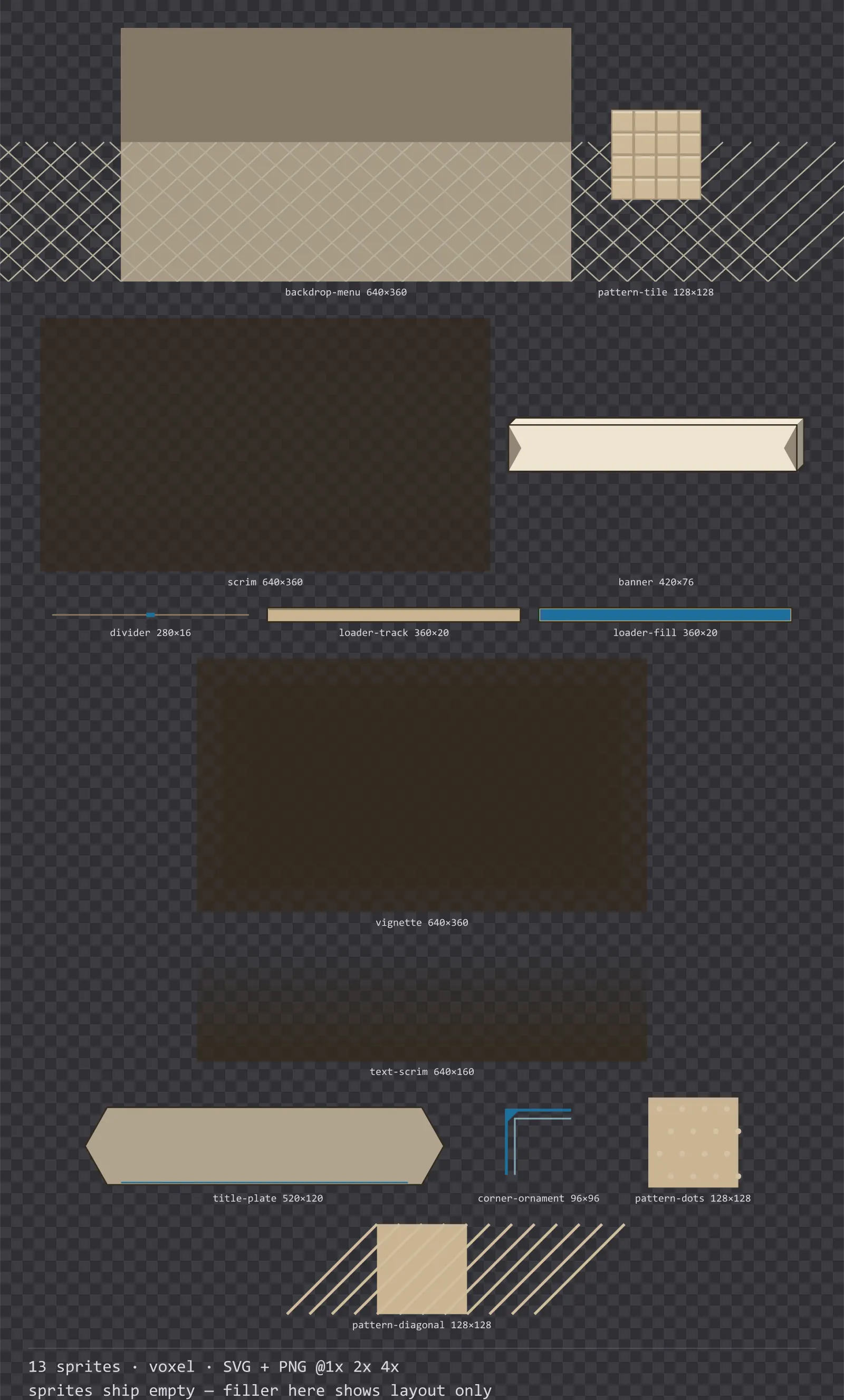 Sheet showing 13 voxel background and overlay pieces from the Sandbox family, arranged on a transparency checkerboard with their pixel sizes printed underneath