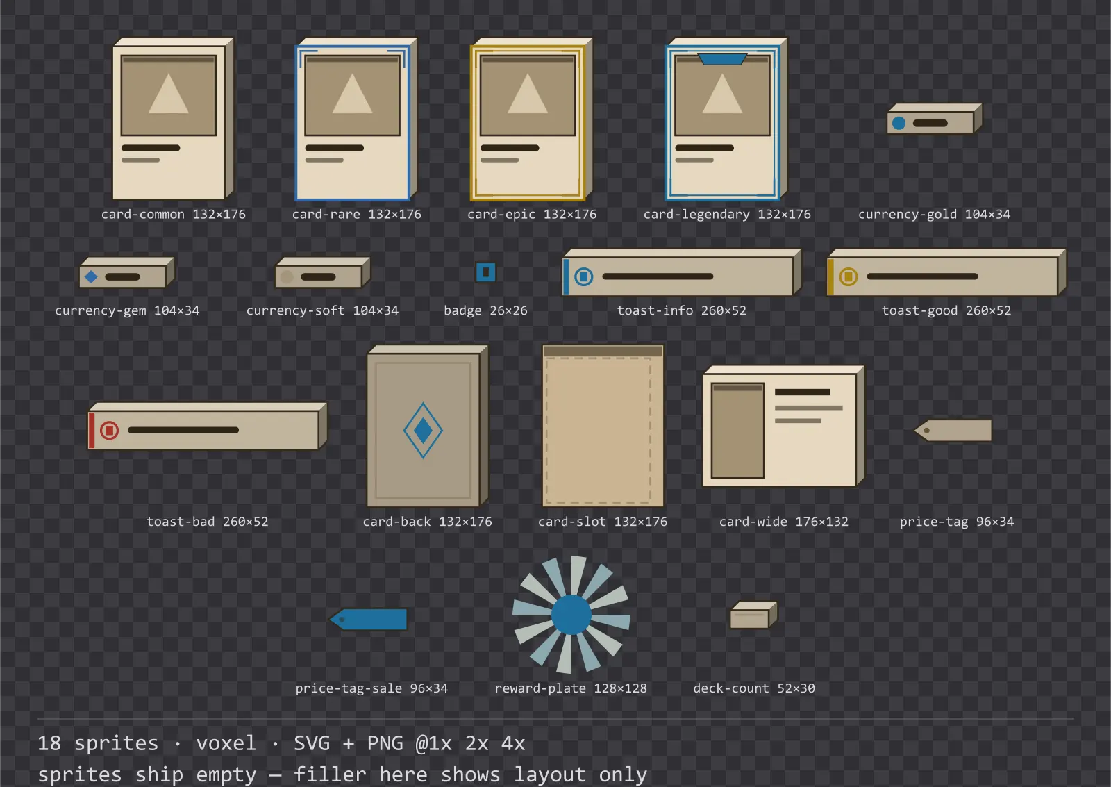Sheet showing 18 voxel card, currency and notification components from the Sandbox family, arranged on a transparency checkerboard with their pixel sizes printed underneath