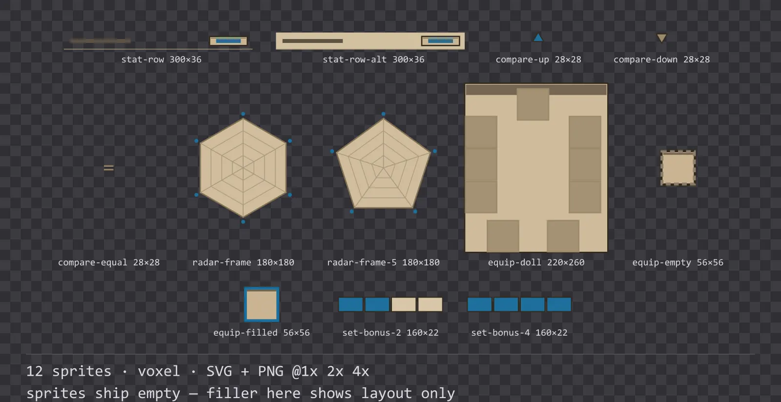 Sheet showing 12 voxel character sheet and stat widgets from the Sandbox family, arranged on a transparency checkerboard with their pixel sizes printed underneath