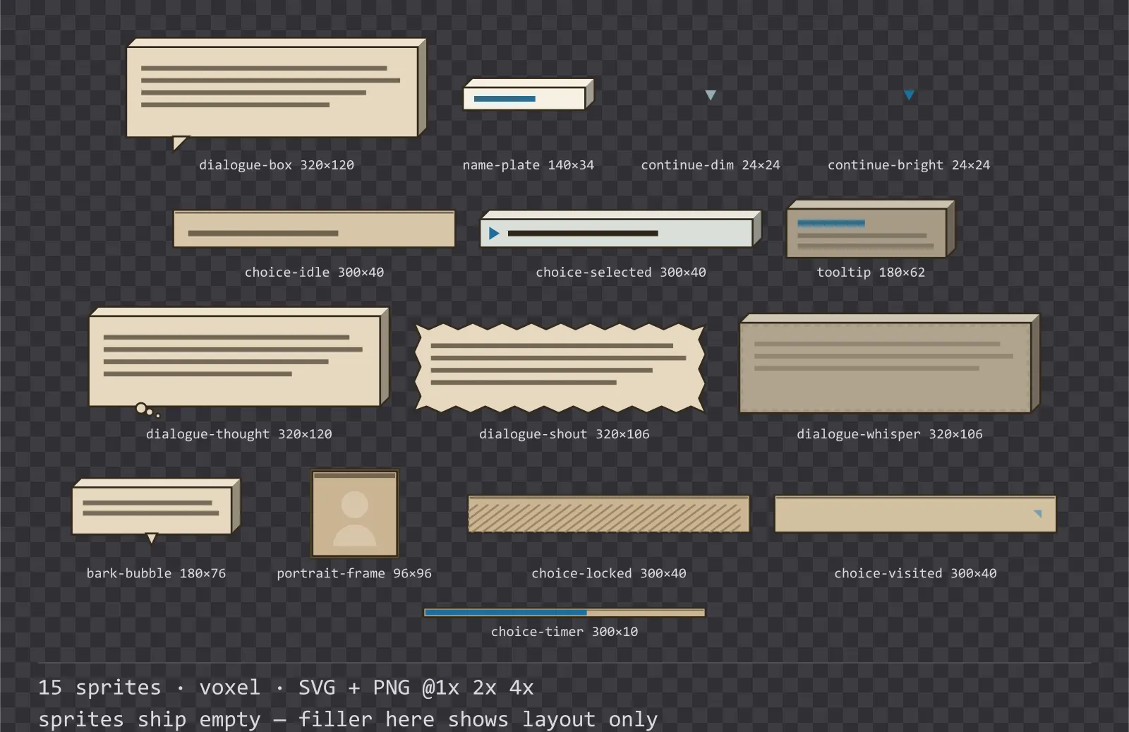 Sheet showing 15 voxel dialogue components from the Sandbox family, arranged on a transparency checkerboard with their pixel sizes printed underneath