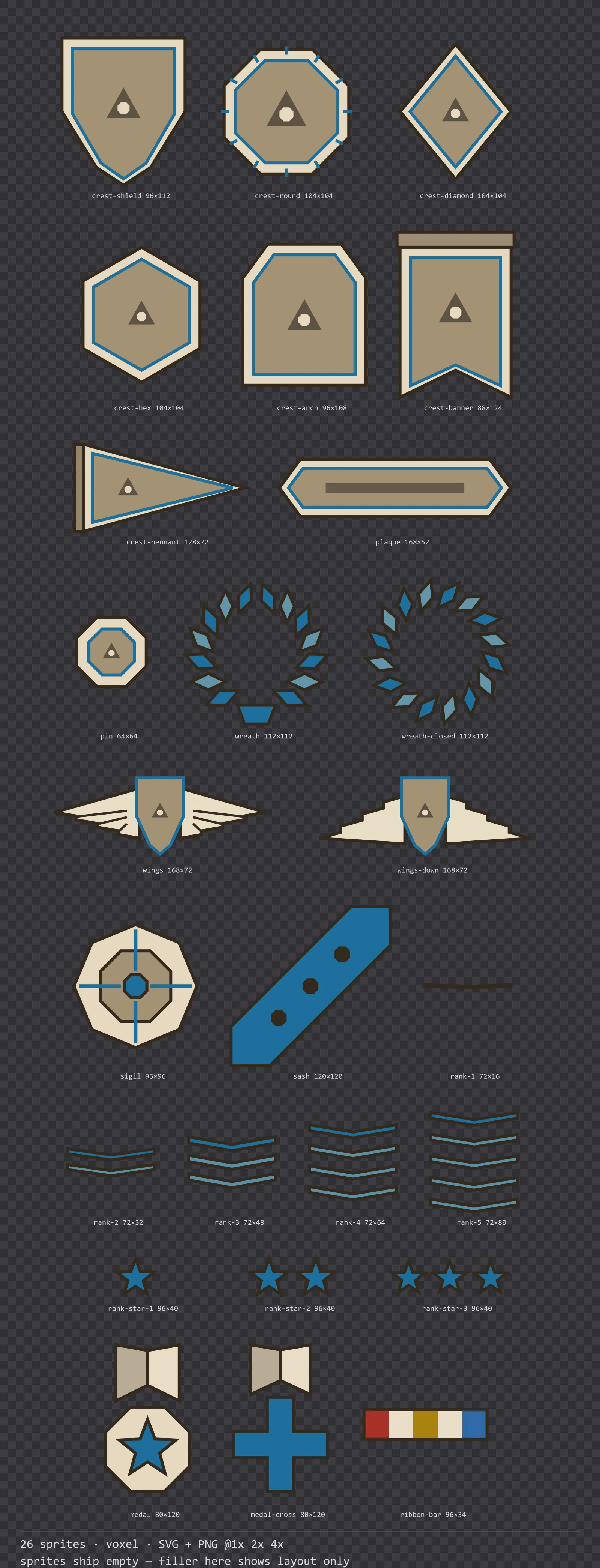 Sheet showing 26 voxel crests, insignia and rank marks from the Sandbox family, arranged on a transparency checkerboard with their pixel sizes printed underneath