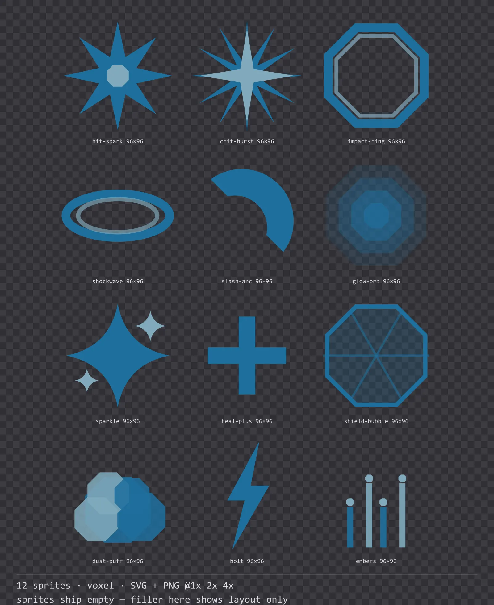 Sheet showing 12 voxel impact and effect sprites from the Sandbox family, arranged on a transparency checkerboard with their pixel sizes printed underneath