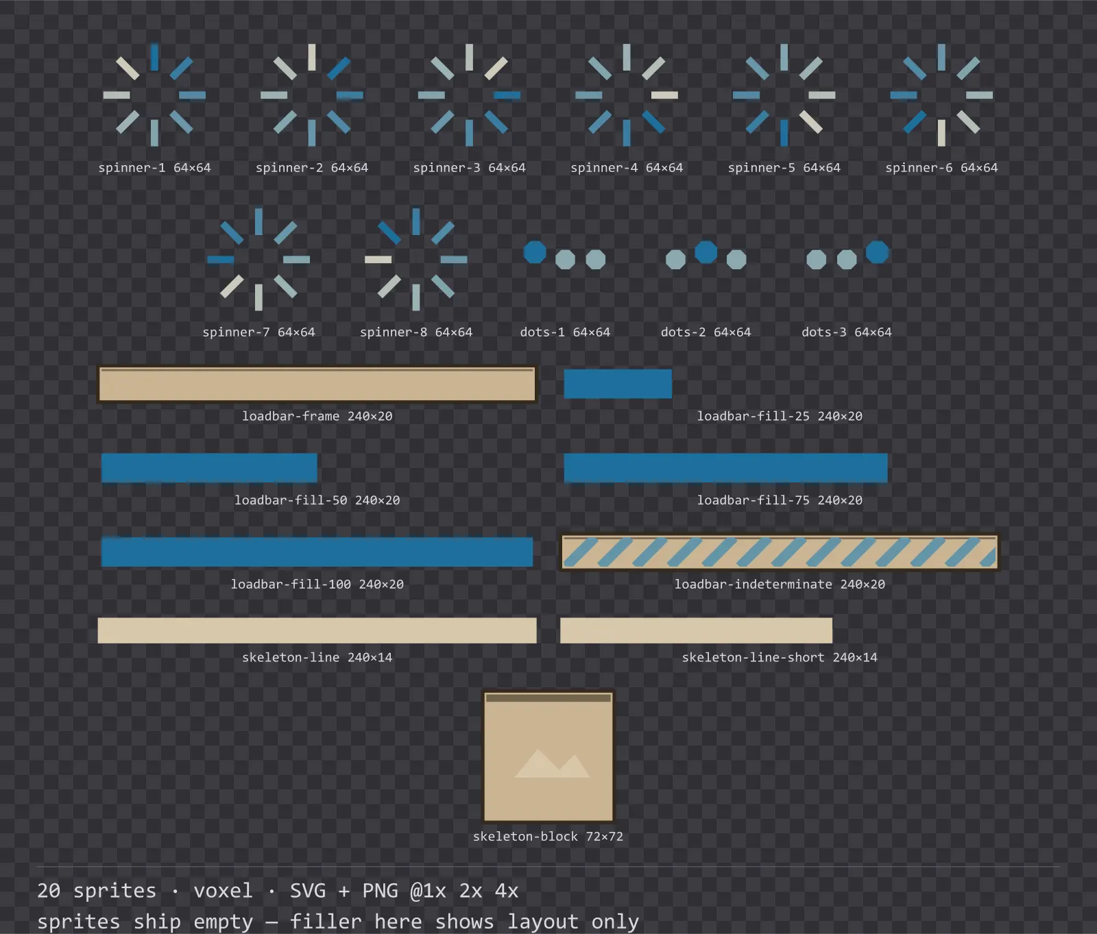 Sheet showing 20 voxel loading and waiting indicators from the Sandbox family, arranged on a transparency checkerboard with their pixel sizes printed underneath
