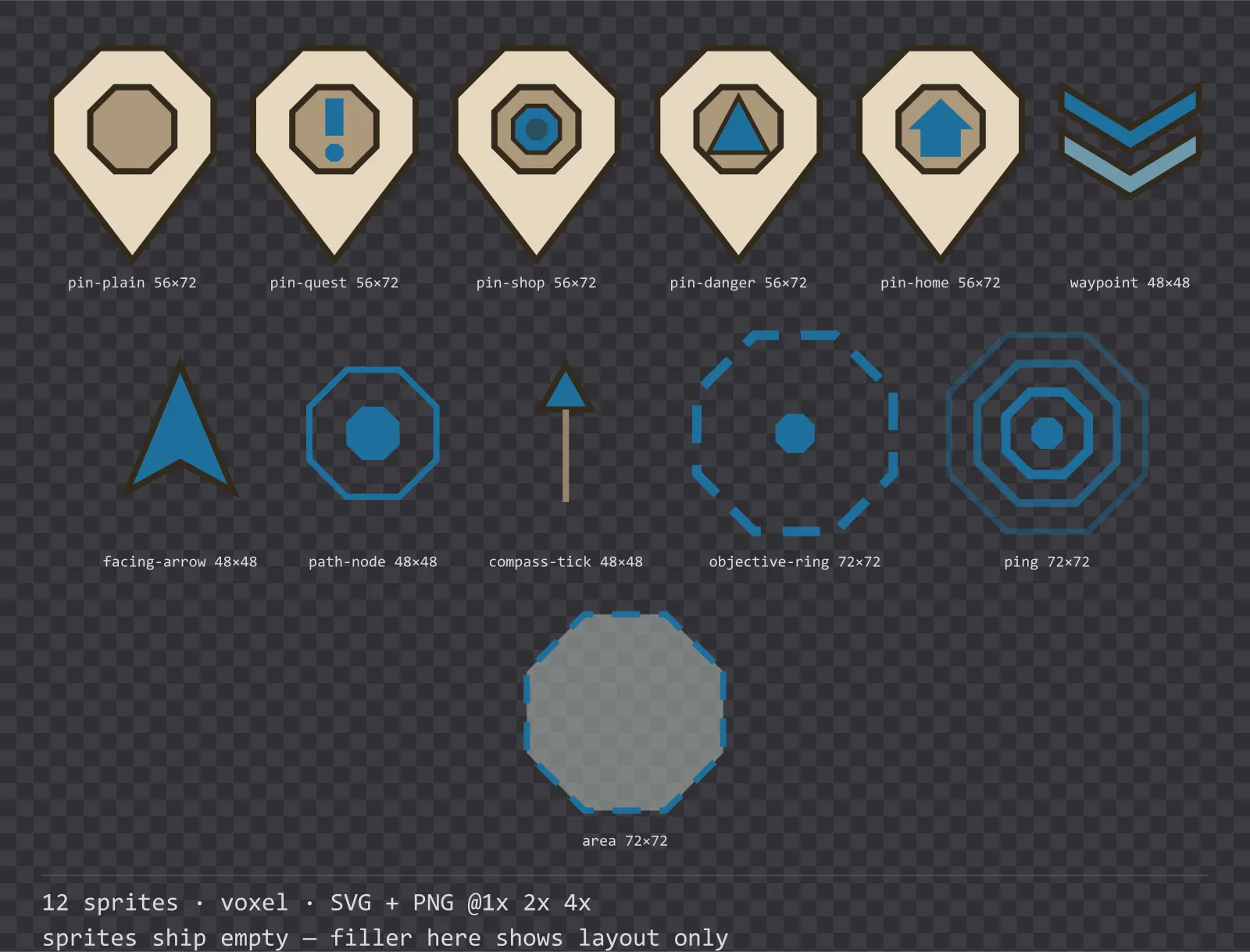 Sheet showing 12 voxel map markers and world indicators from the Sandbox family, arranged on a transparency checkerboard with their pixel sizes printed underneath