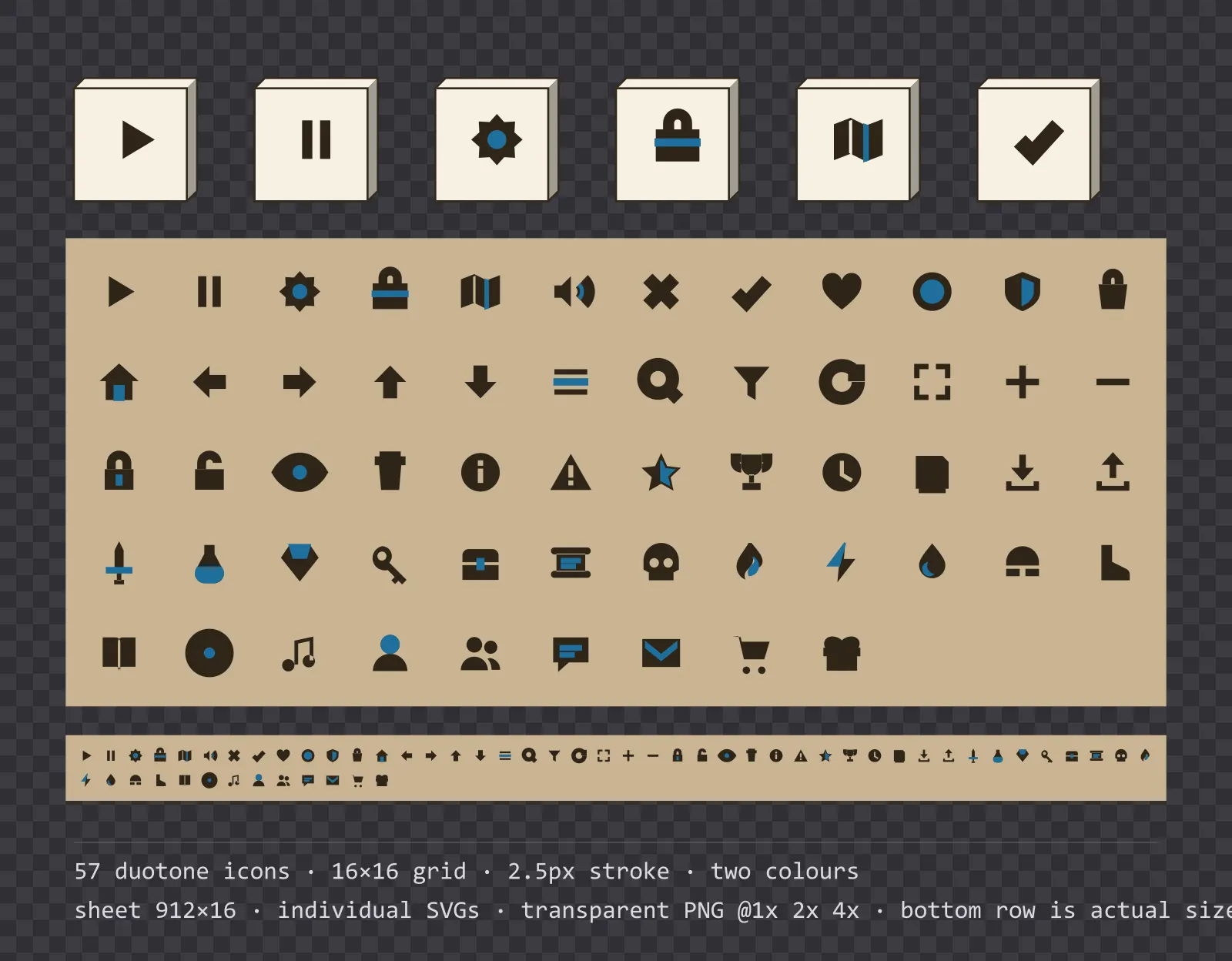 57 two-tone game menu icons on warm sand tiles, shown large, laid out on a sheet grid, and again at actual 16 pixel size