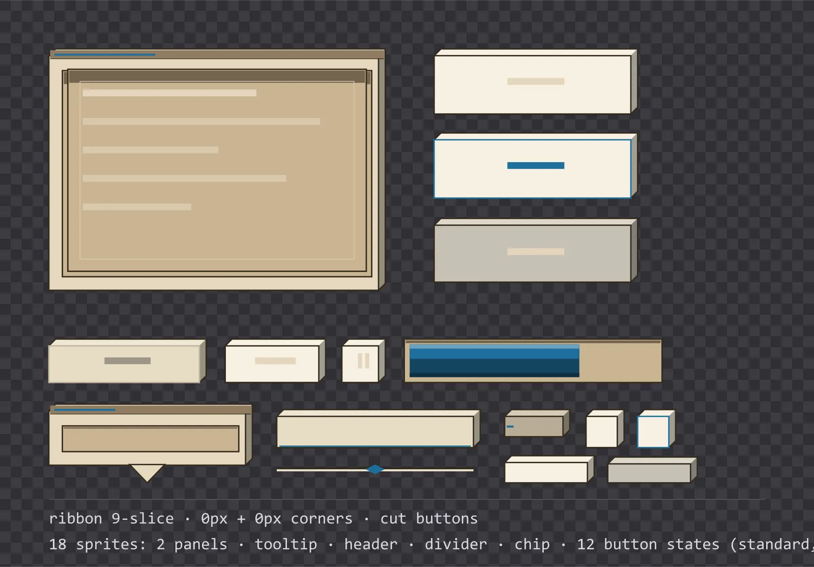warm sand game menu panel with a sky blue title strip and a recessed list area, next to a column showing the same chamfered button in default, outlined hover and pushed-in pressed states