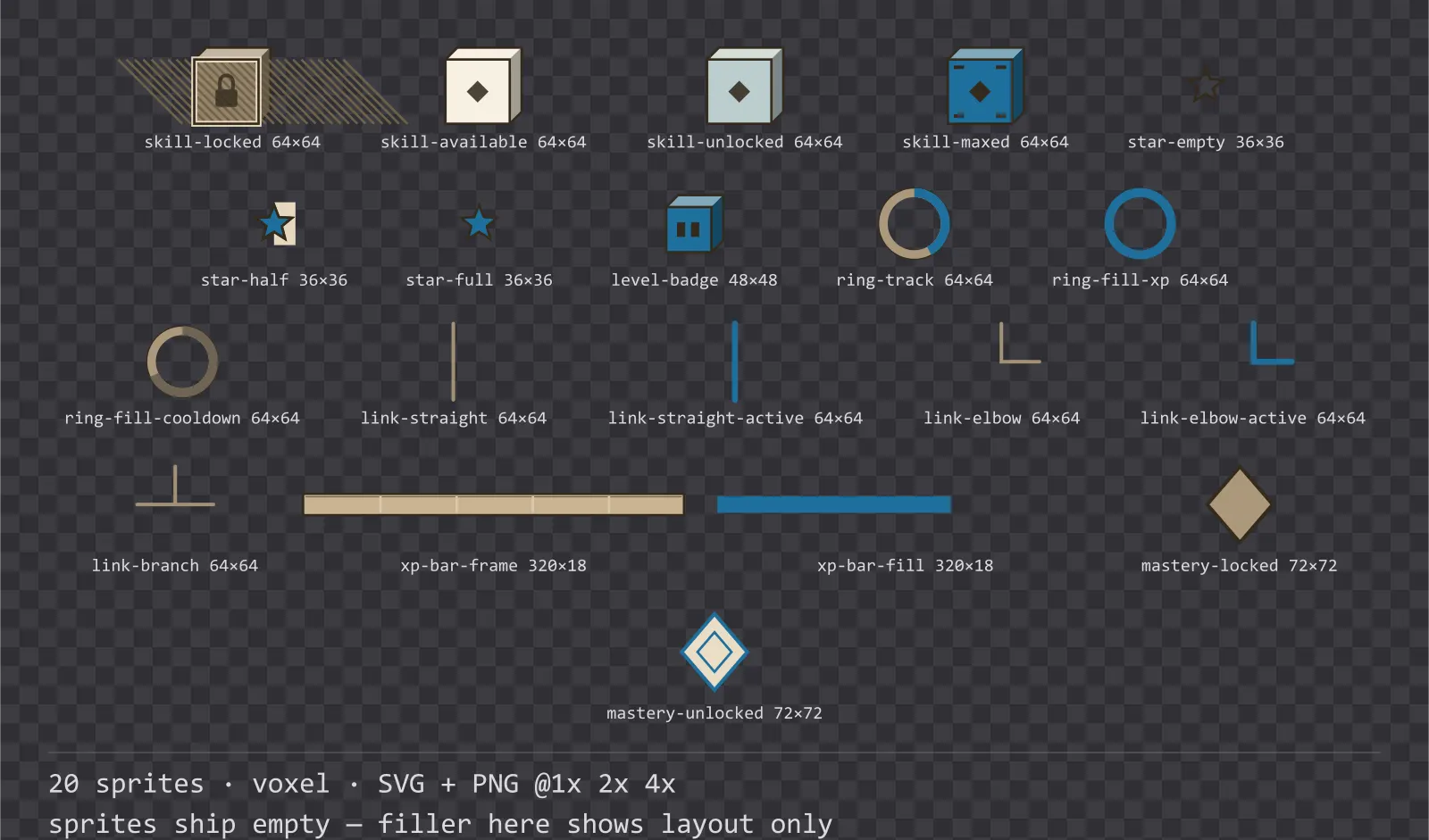 Sheet showing 20 voxel progression and reward components from the Sandbox family, arranged on a transparency checkerboard with their pixel sizes printed underneath