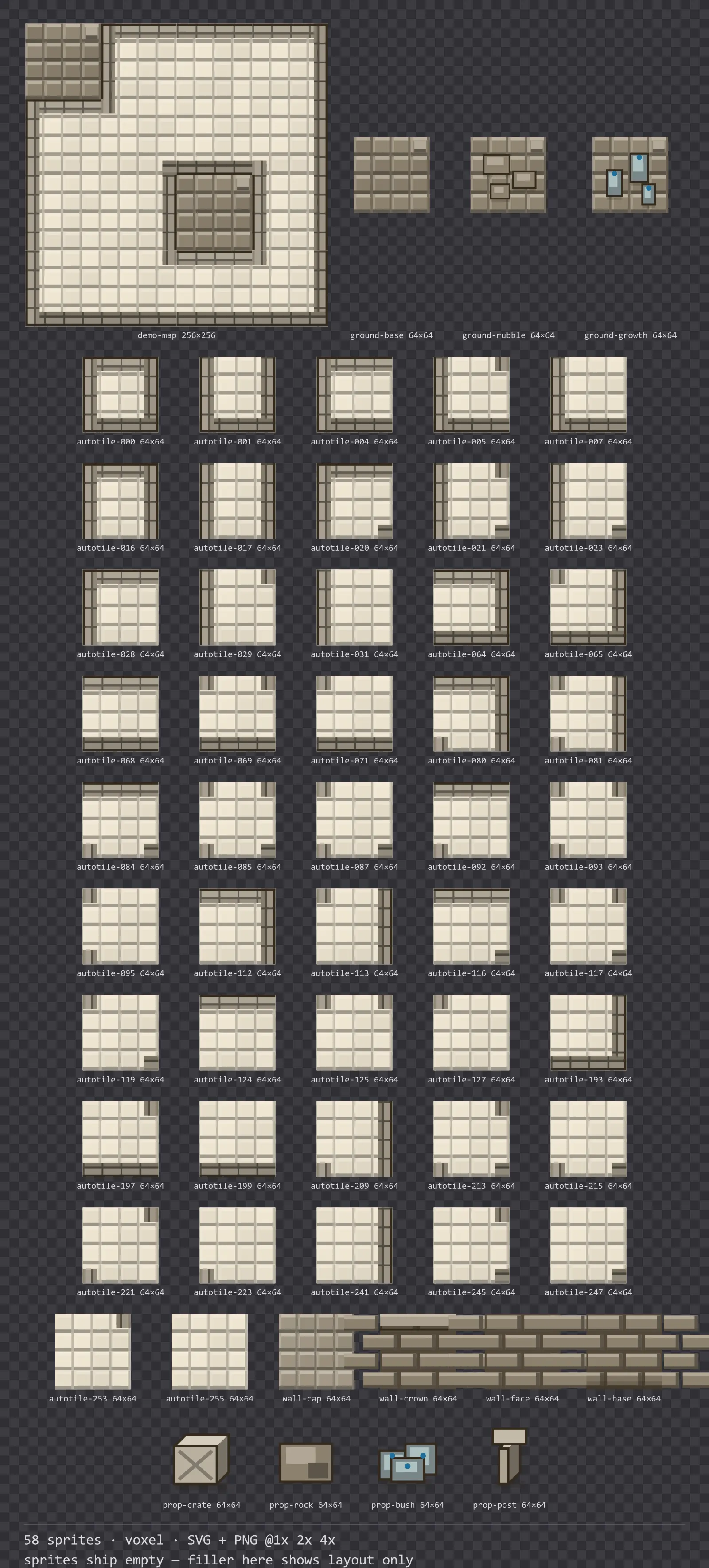 Sheet showing 58 voxel tiles from the Sandbox family, arranged on a transparency checkerboard with their pixel sizes printed underneath