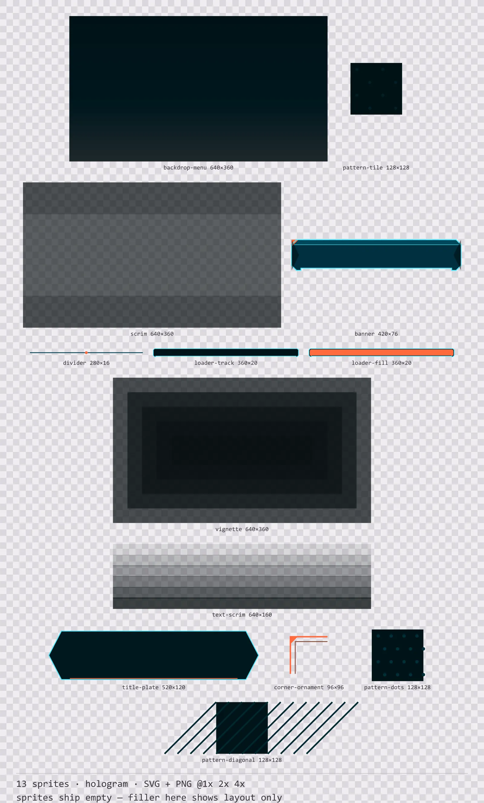 Sheet showing 13 hologram background and overlay pieces from the Scanline family, arranged on a transparency checkerboard with their pixel sizes printed underneath