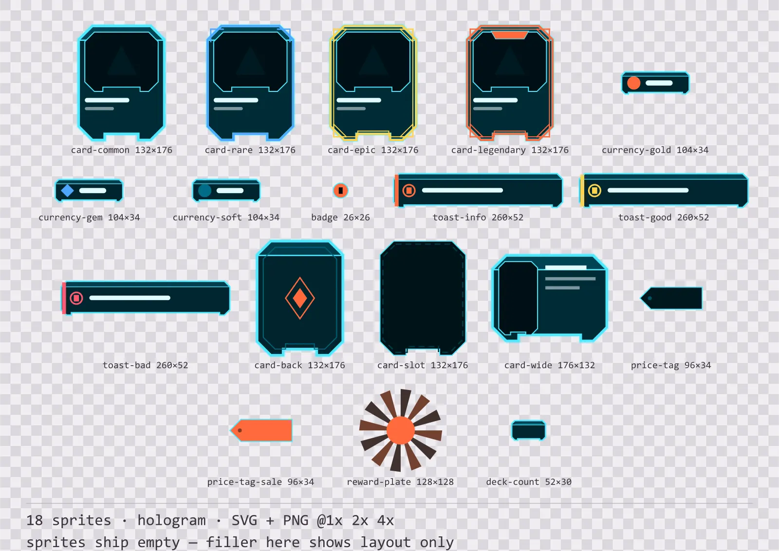 Sheet showing 18 hologram card, currency and notification components from the Scanline family, arranged on a transparency checkerboard with their pixel sizes printed underneath
