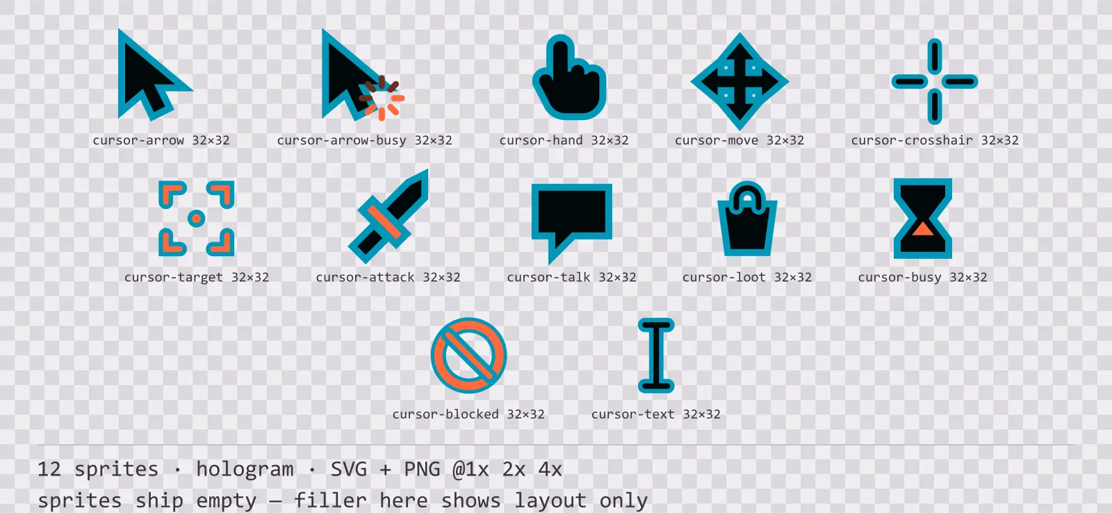 Sheet showing 12 hologram mouse cursors from the Scanline family, arranged on a transparency checkerboard with their pixel sizes printed underneath