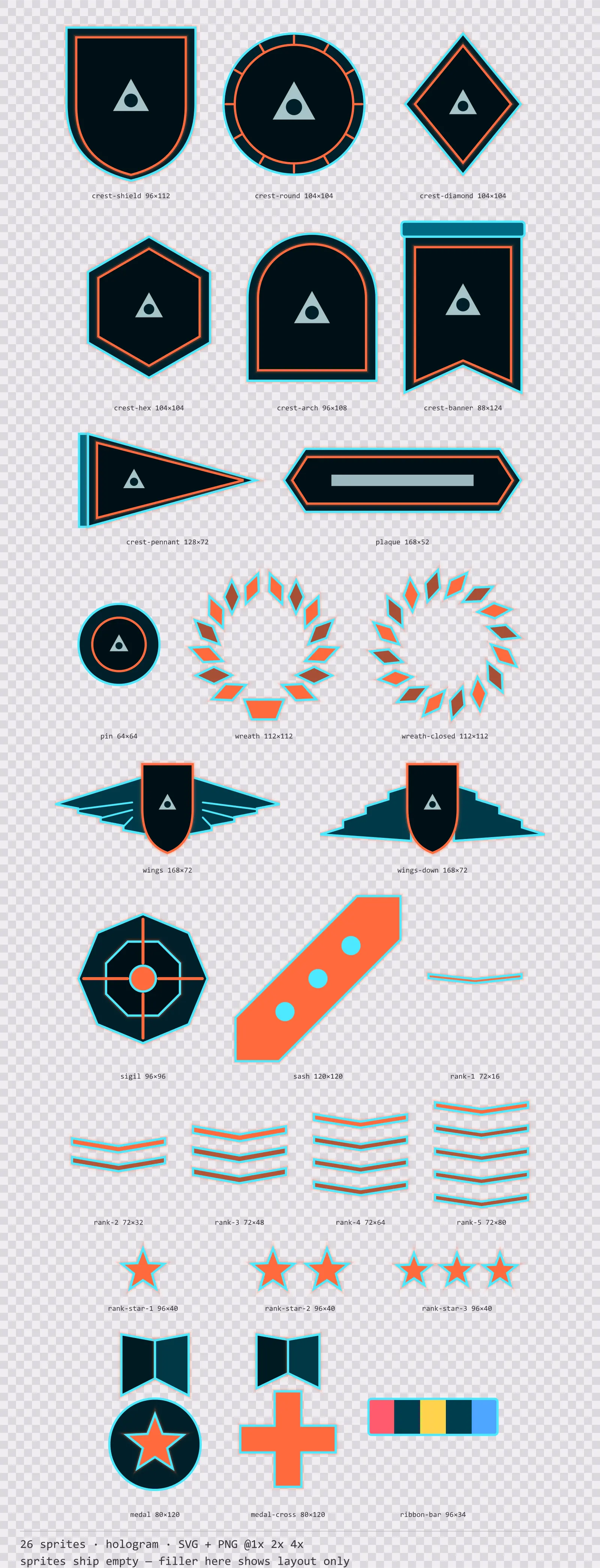 Sheet showing 26 hologram crests, insignia and rank marks from the Scanline family, arranged on a transparency checkerboard with their pixel sizes printed underneath
