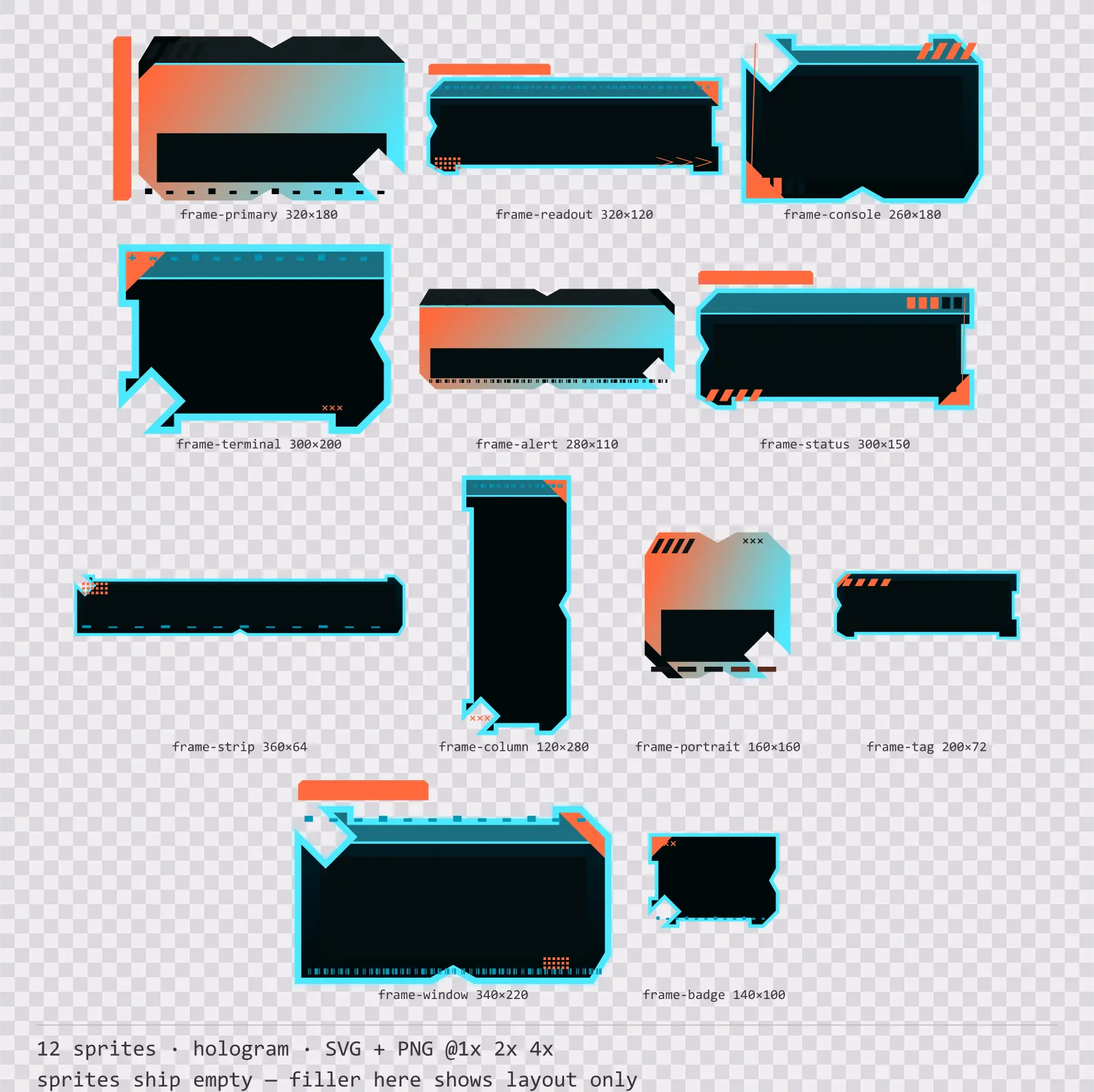 Sheet showing 12 hologram HUD frames from the Scanline family, arranged on a transparency checkerboard with their pixel sizes printed underneath