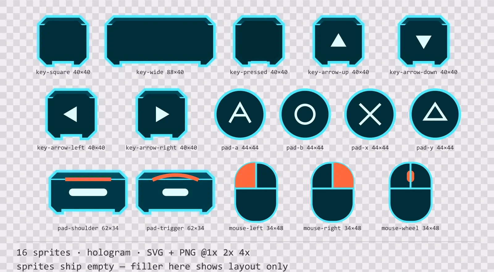 Sheet showing 16 hologram input prompt sprites from the Scanline family, arranged on a transparency checkerboard with their pixel sizes printed underneath