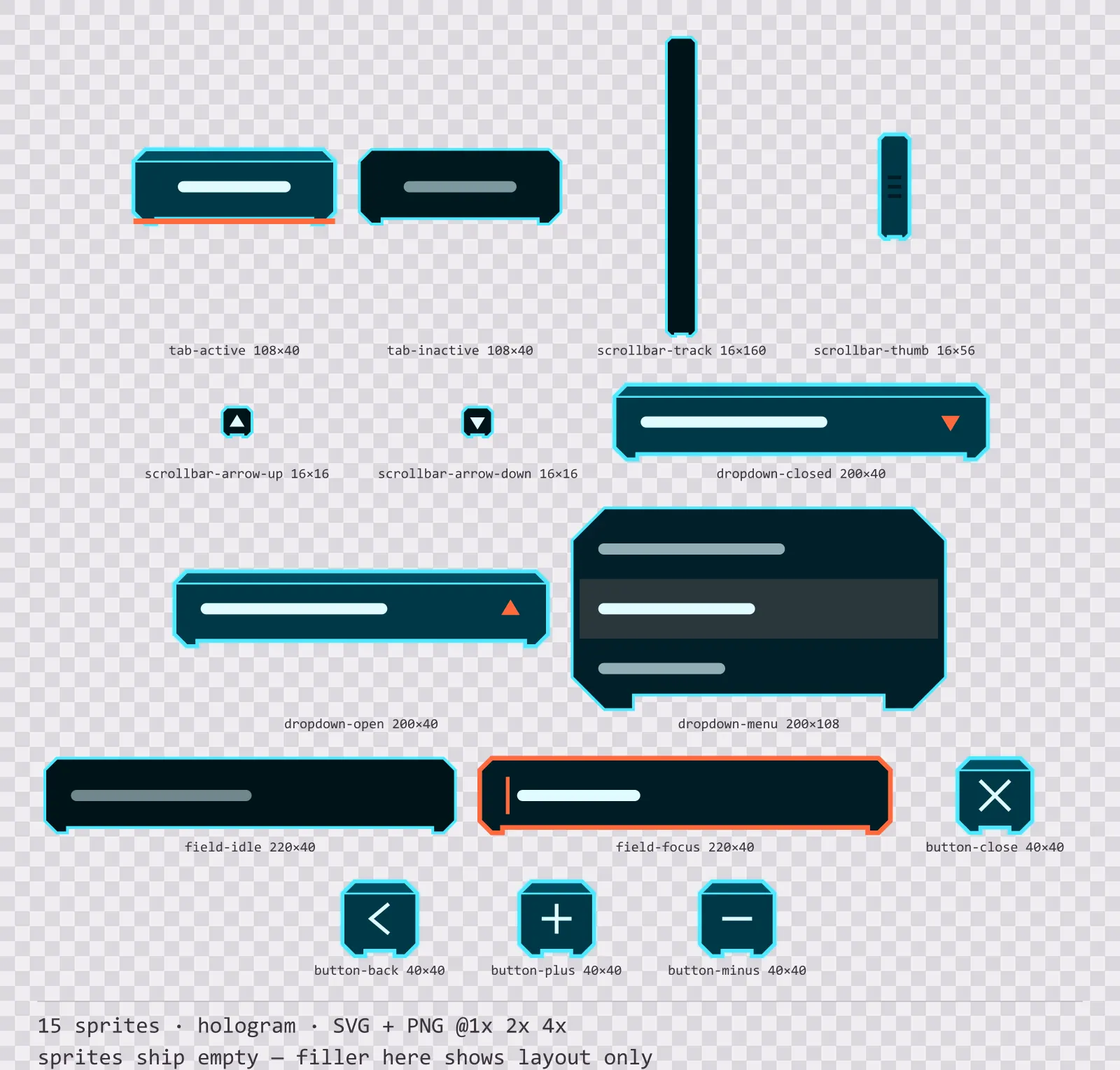 Sheet showing 15 hologram navigation and input components from the Scanline family, arranged on a transparency checkerboard with their pixel sizes printed underneath