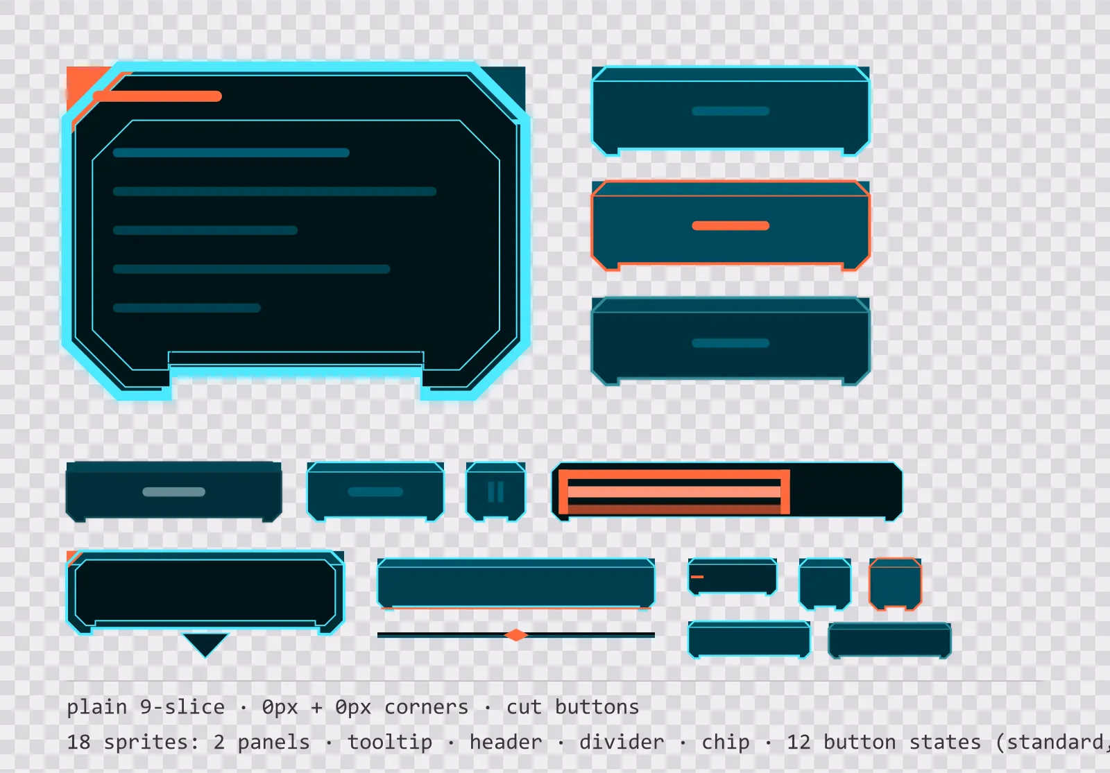 deep scan game menu panel with a ember orange title strip and a recessed list area, next to a column showing the same chamfered button in default, outlined hover and pushed-in pressed states