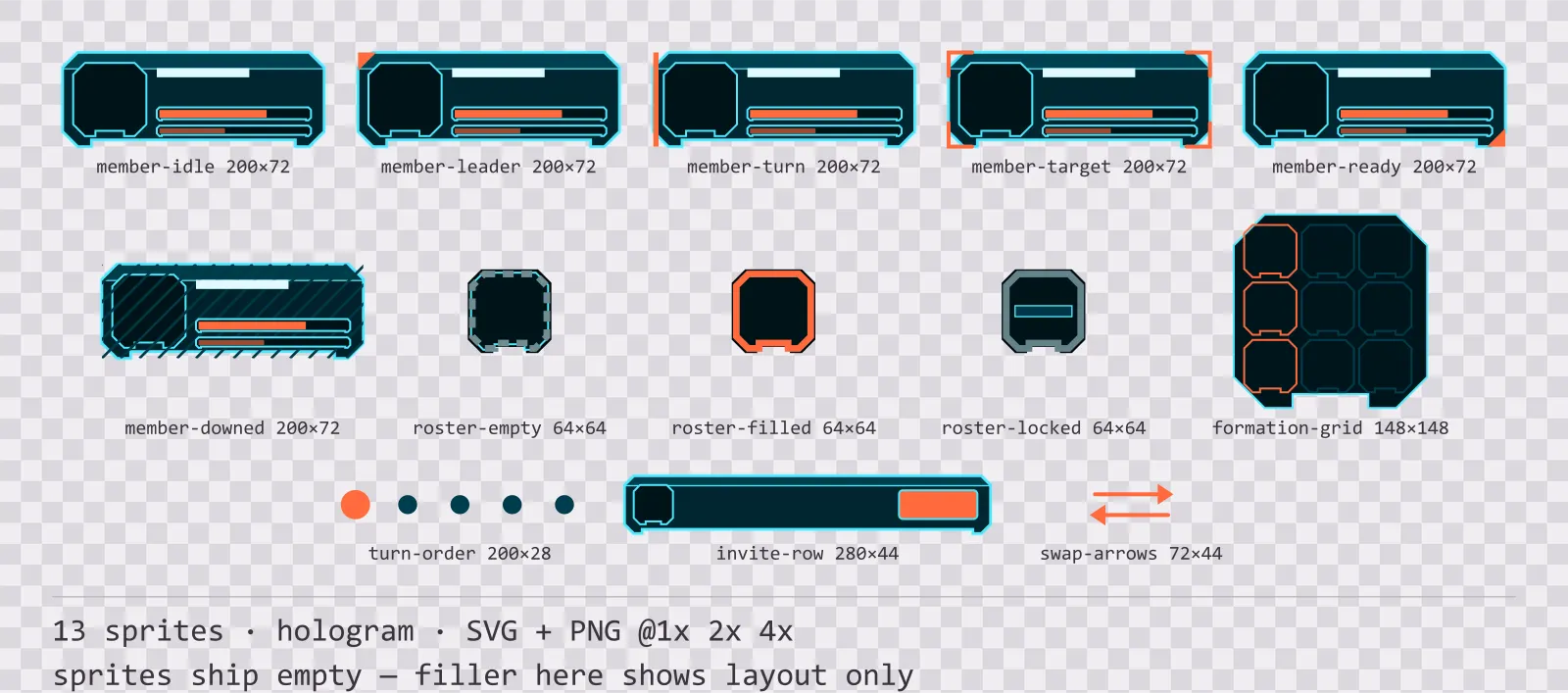 Sheet showing 13 hologram party and roster widgets from the Scanline family, arranged on a transparency checkerboard with their pixel sizes printed underneath