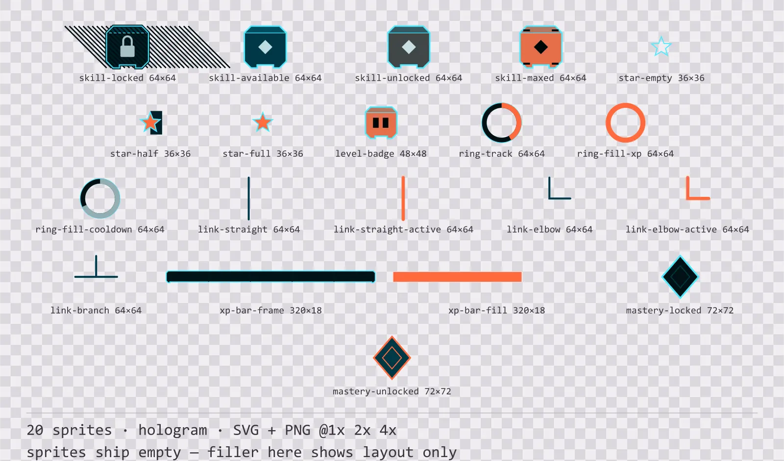Sheet showing 20 hologram progression and reward components from the Scanline family, arranged on a transparency checkerboard with their pixel sizes printed underneath