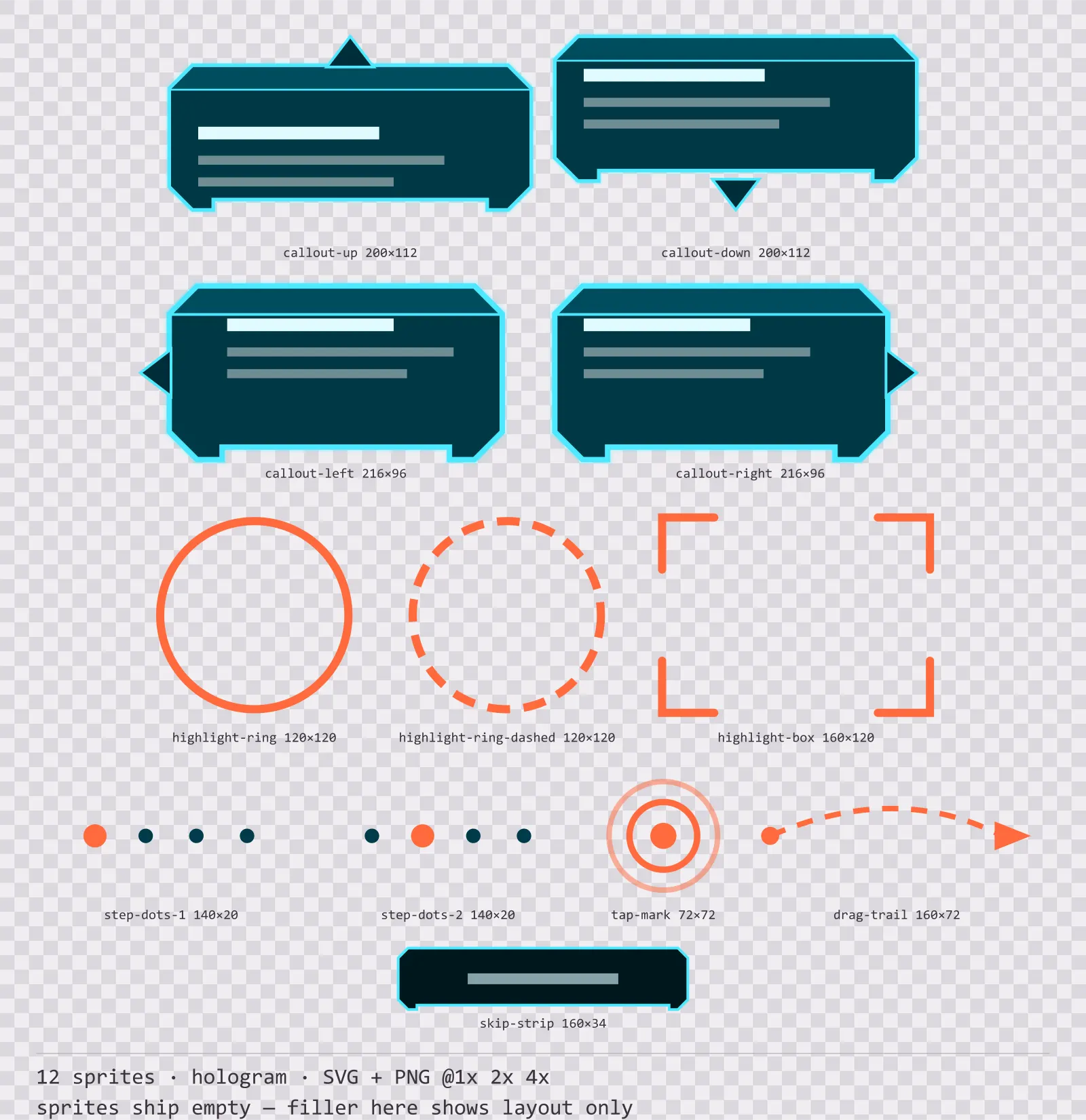 Sheet showing 12 hologram tutorial and onboarding markers from the Scanline family, arranged on a transparency checkerboard with their pixel sizes printed underneath