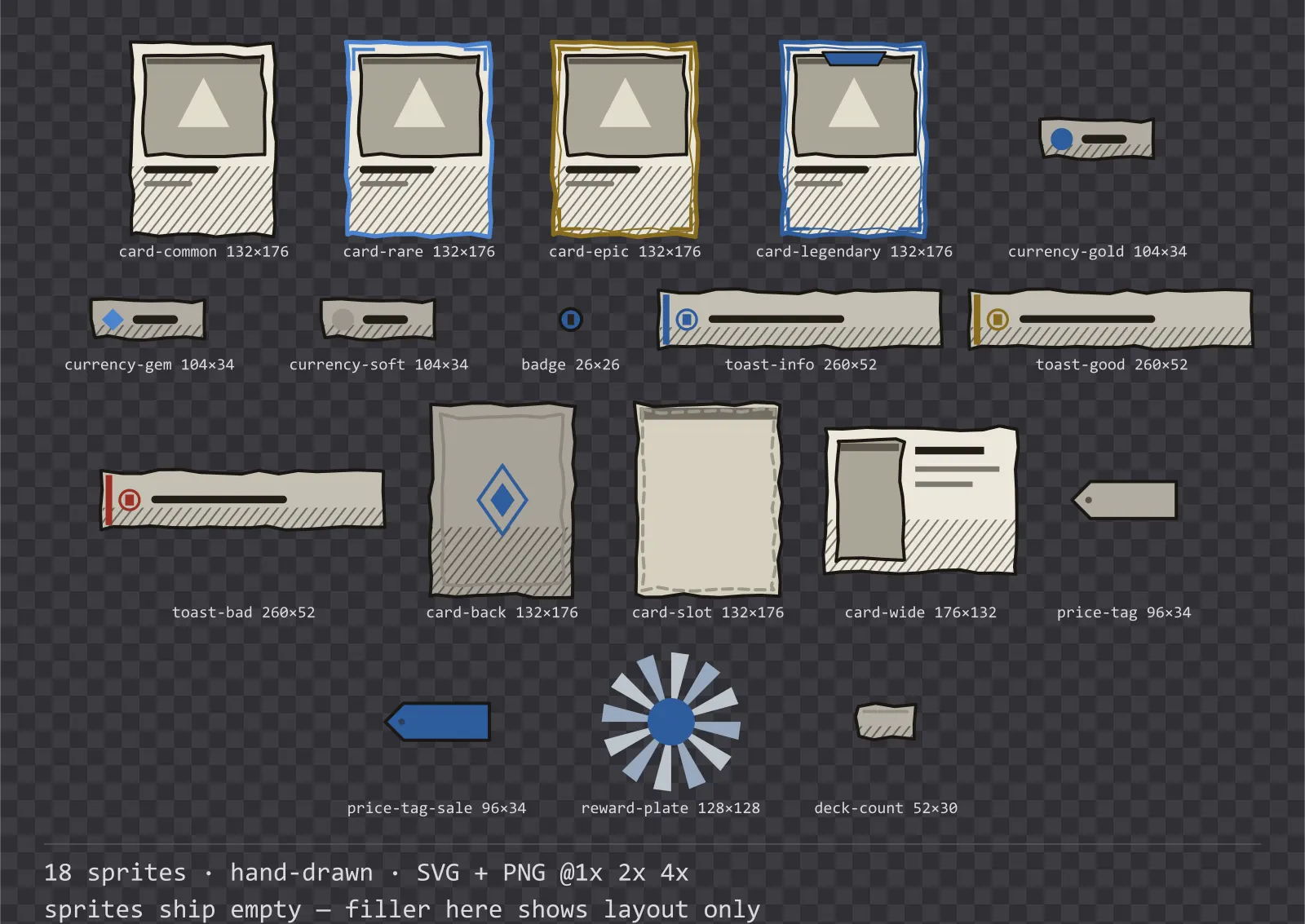 Sheet showing 18 hand-drawn card, currency and notification components from the Sketch family, arranged on a transparency checkerboard with their pixel sizes printed underneath