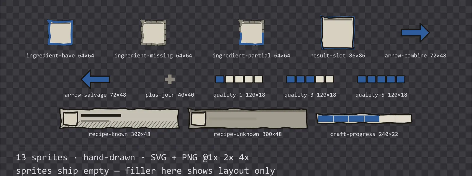 Sheet showing 13 hand-drawn crafting and recipe widgets from the Sketch family, arranged on a transparency checkerboard with their pixel sizes printed underneath
