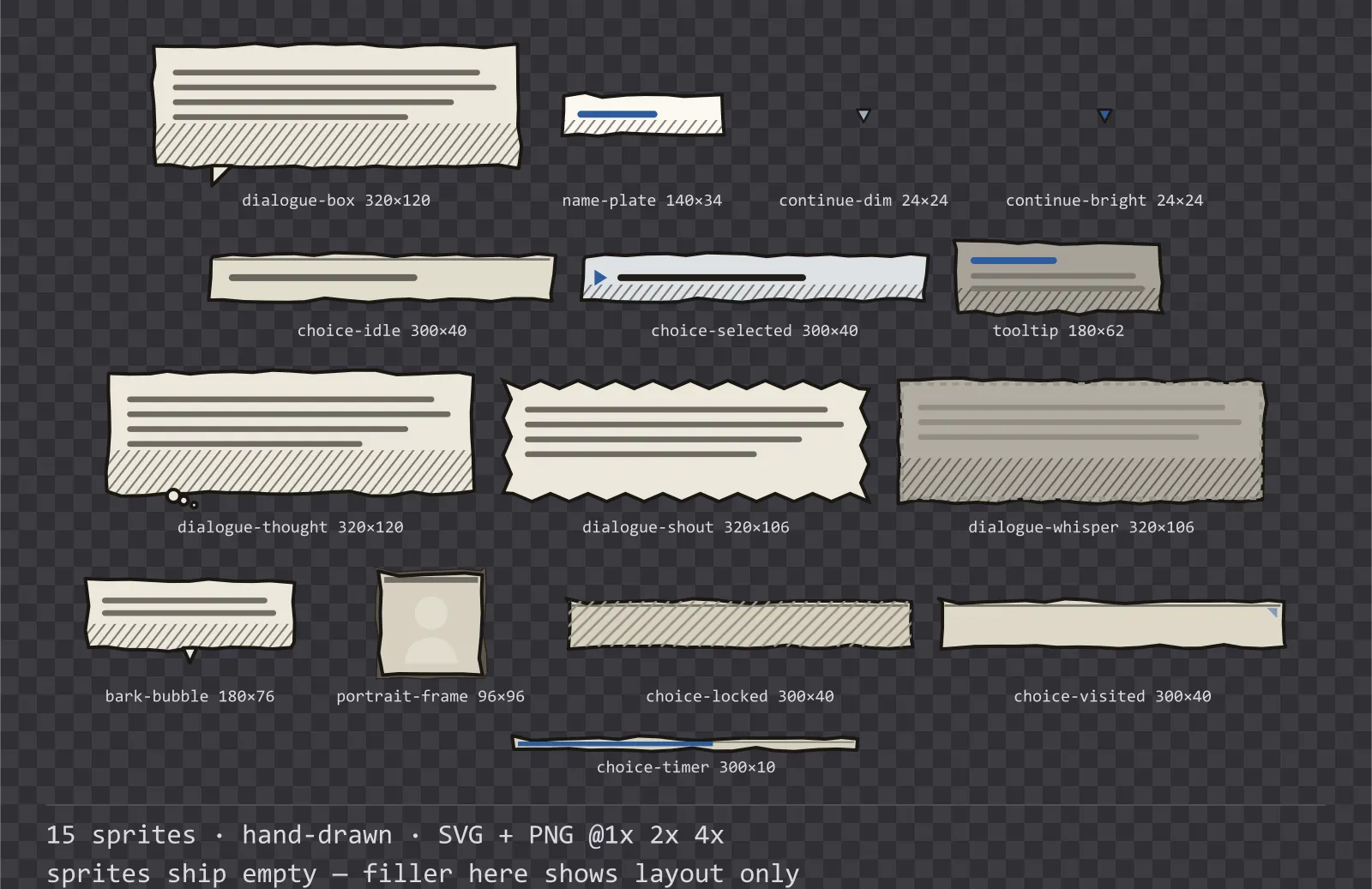 Sheet showing 15 hand-drawn dialogue components from the Sketch family, arranged on a transparency checkerboard with their pixel sizes printed underneath