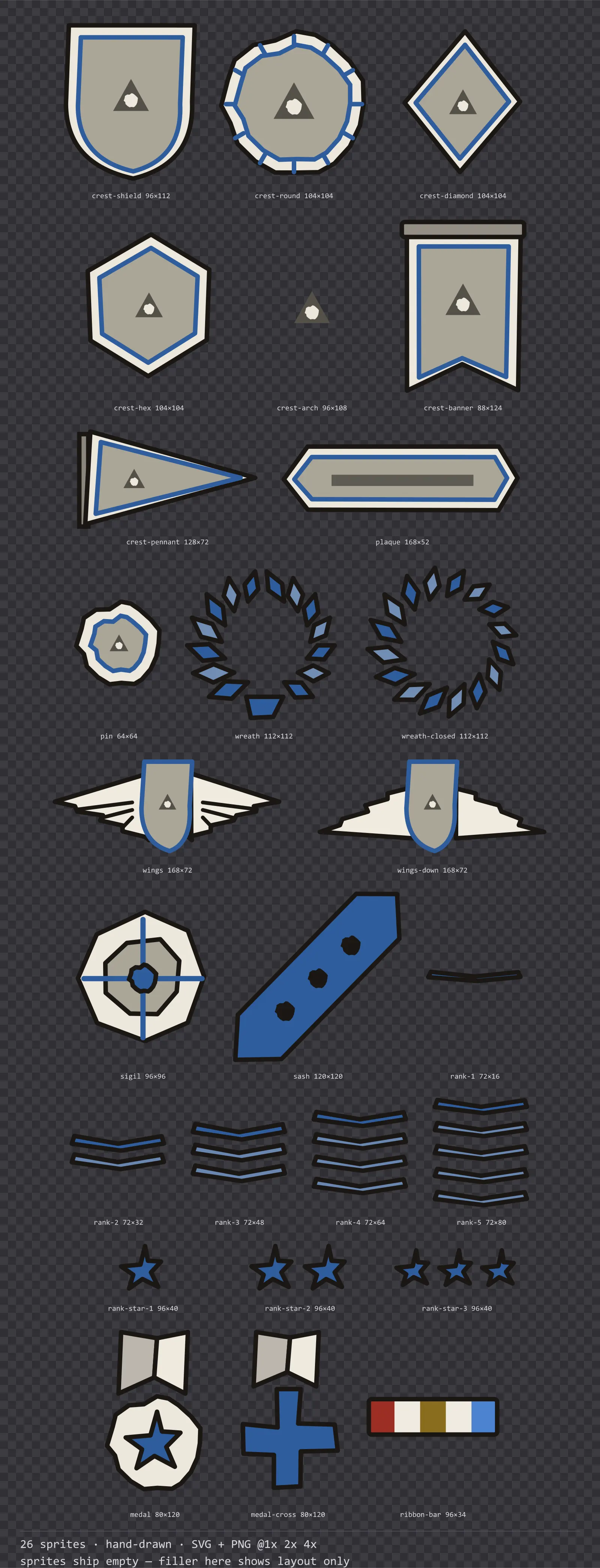 Sheet showing 26 hand-drawn crests, insignia and rank marks from the Sketch family, arranged on a transparency checkerboard with their pixel sizes printed underneath