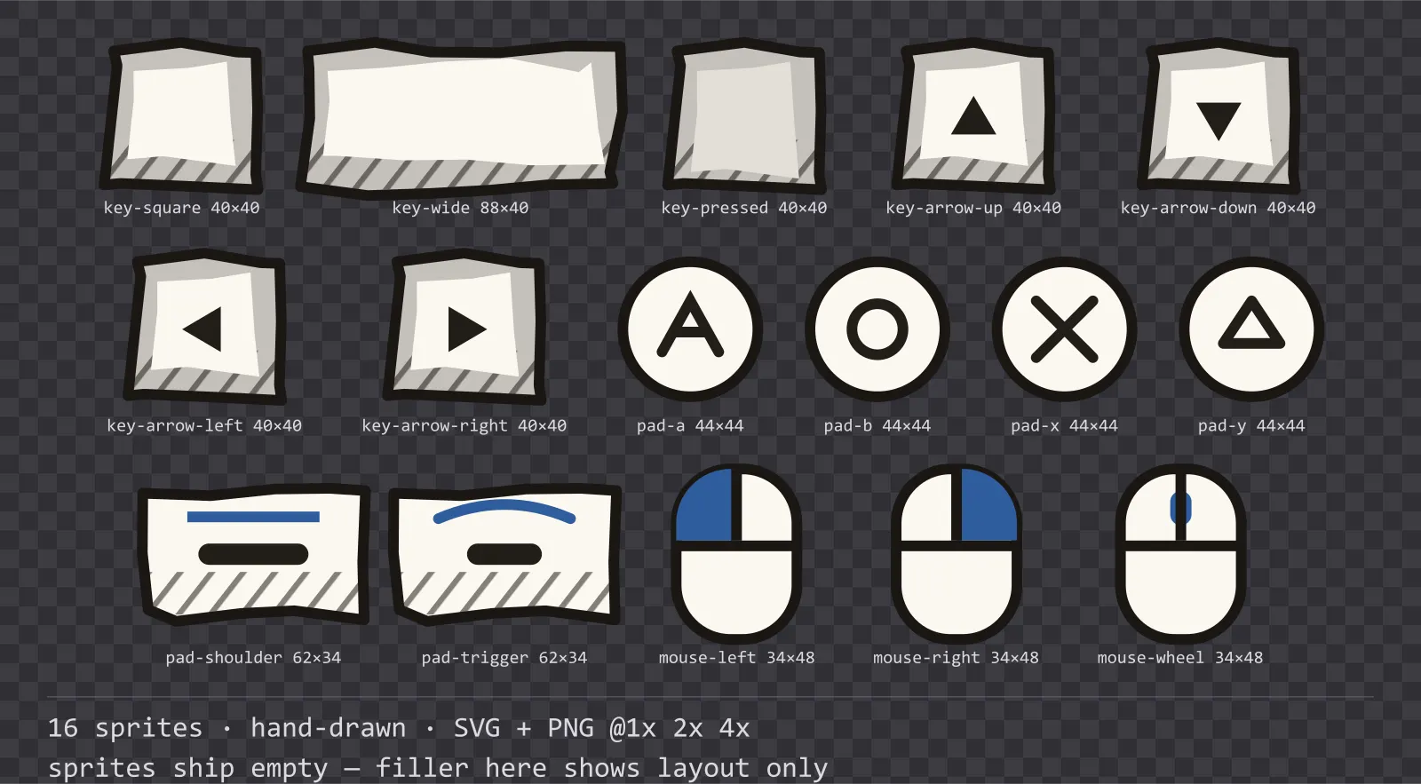 Sheet showing 16 hand-drawn input prompt sprites from the Sketch family, arranged on a transparency checkerboard with their pixel sizes printed underneath
