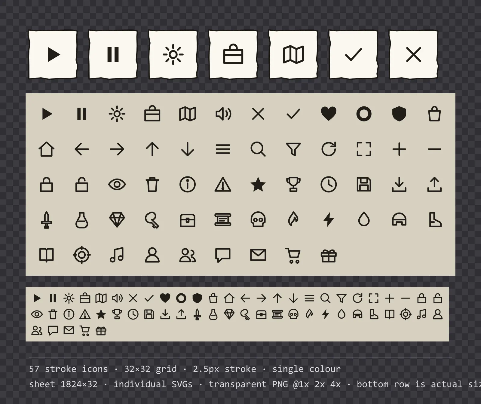 57 outlined game menu icons on inked notebook tiles, shown large, laid out on a sheet grid, and again at actual 32 pixel size