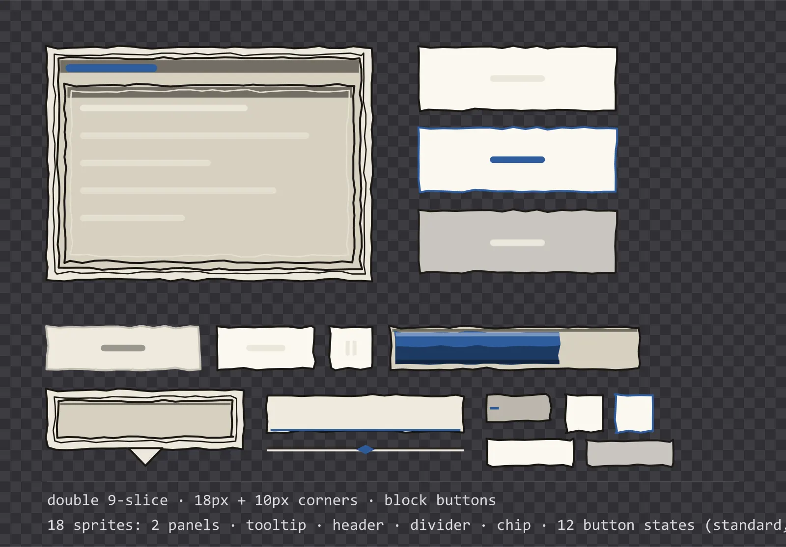 inked notebook game menu panel with a ink blue title strip and a recessed list area, next to a column showing the same square button in default, outlined hover and pushed-in pressed states