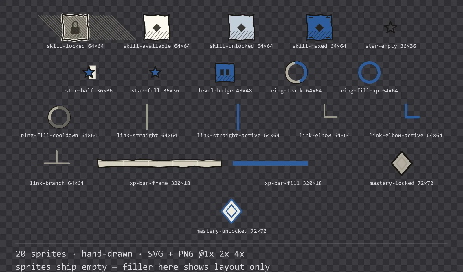 Sheet showing 20 hand-drawn progression and reward components from the Sketch family, arranged on a transparency checkerboard with their pixel sizes printed underneath