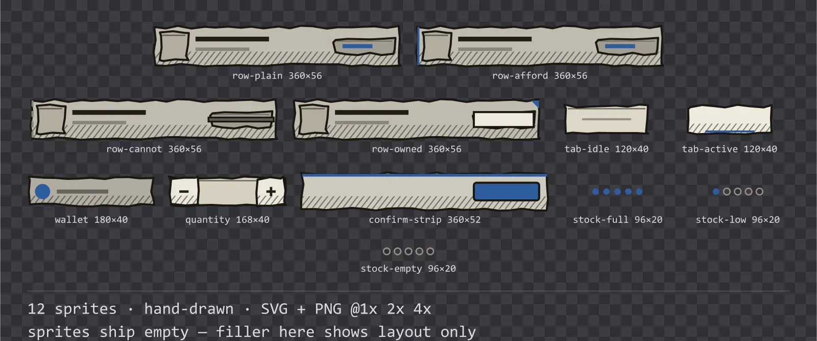 Sheet showing 12 hand-drawn shop and economy widgets from the Sketch family, arranged on a transparency checkerboard with their pixel sizes printed underneath
