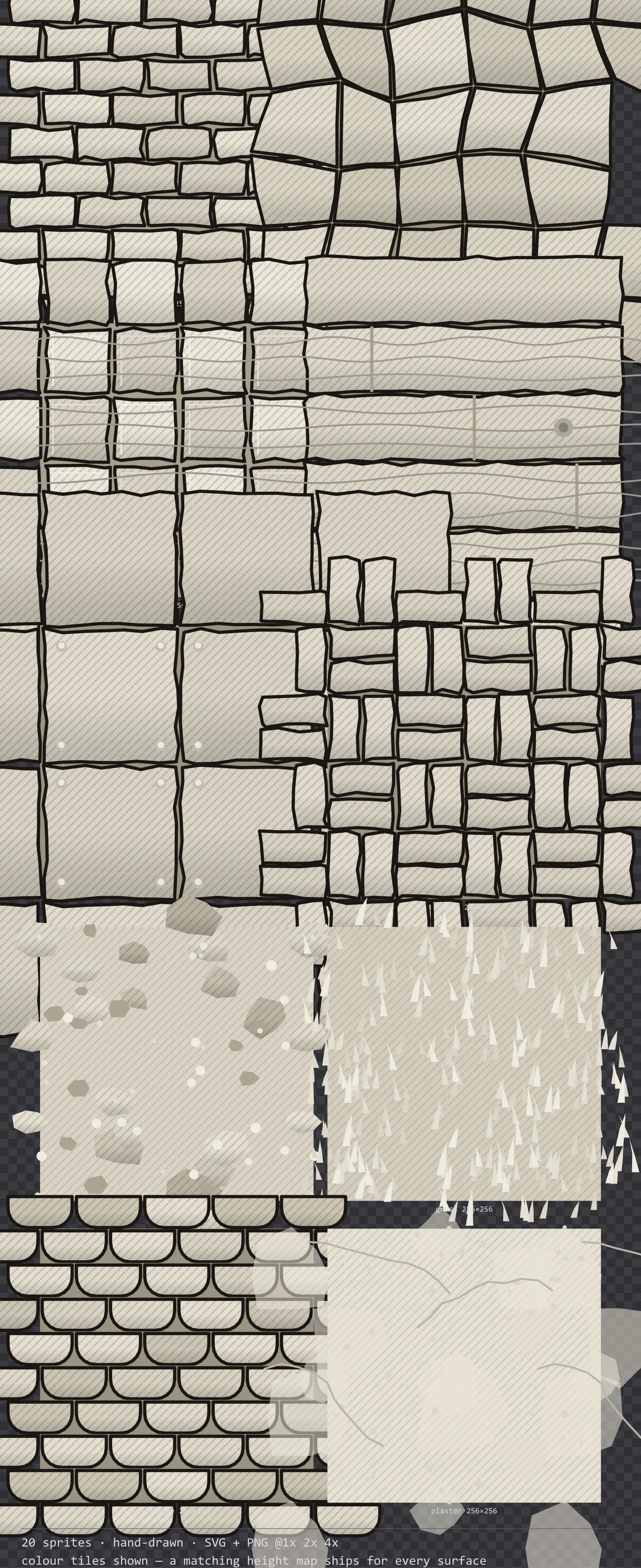 Sheet showing 20 hand-drawn tiling surface textures from the Sketch family, arranged on a transparency checkerboard with their pixel sizes printed underneath