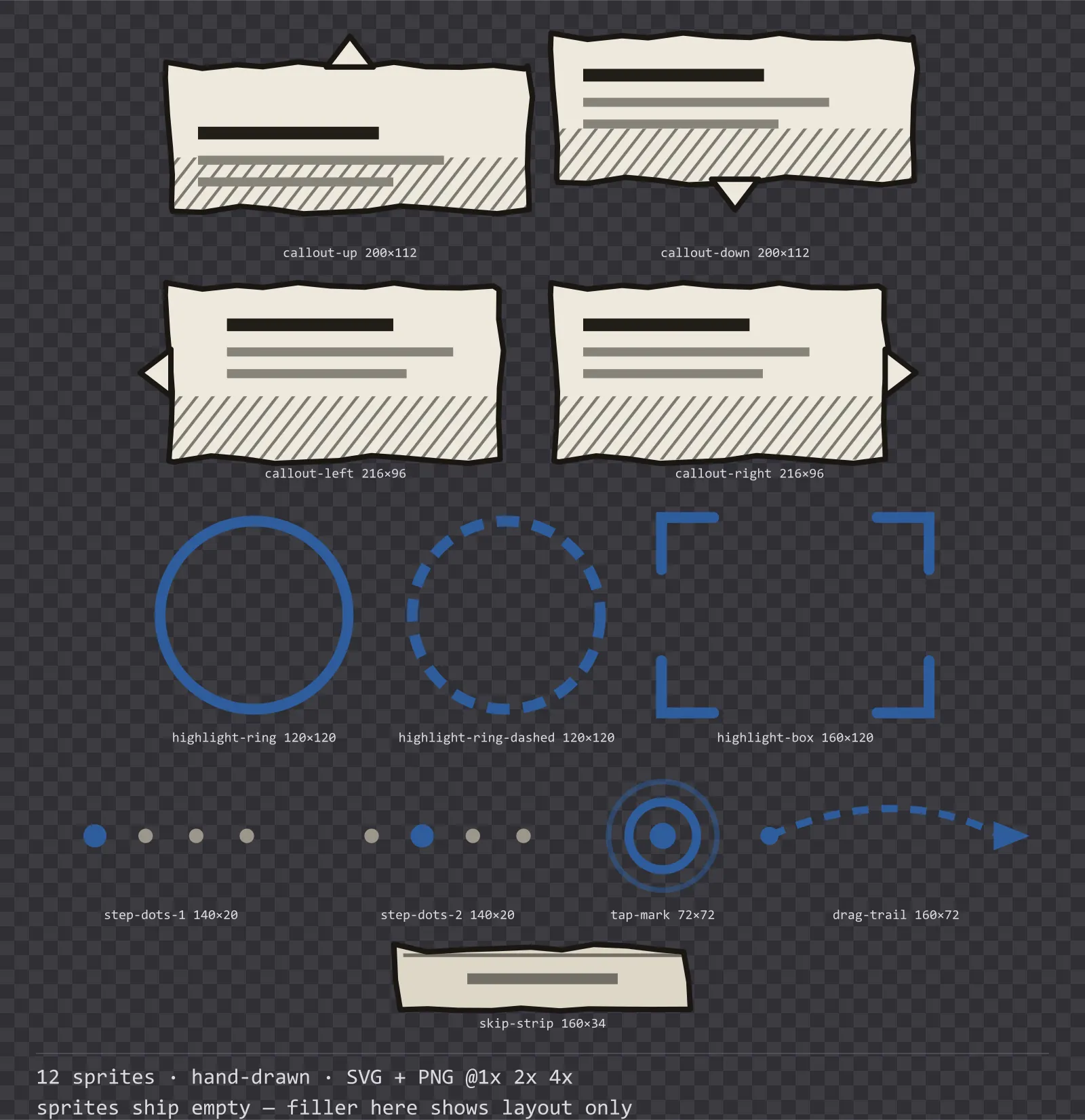 Sheet showing 12 hand-drawn tutorial and onboarding markers from the Sketch family, arranged on a transparency checkerboard with their pixel sizes printed underneath