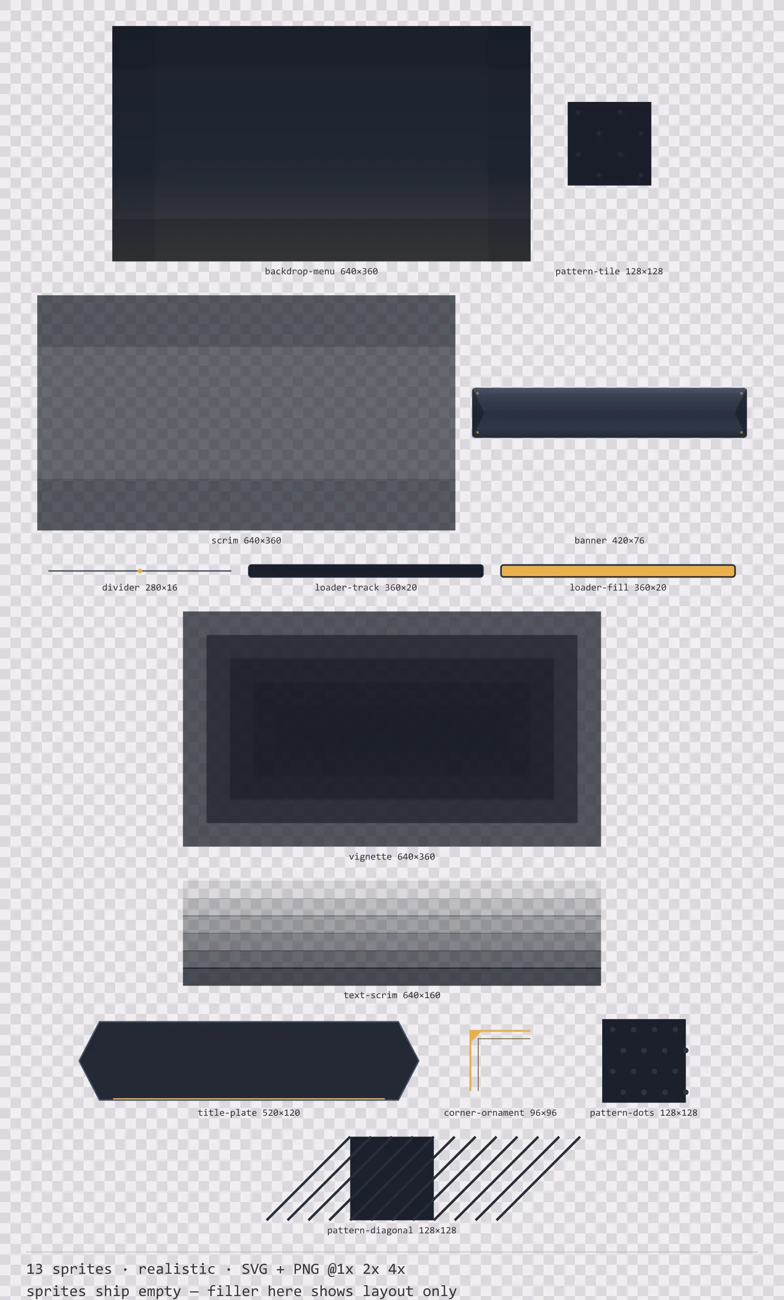 Sheet showing 13 realistic background and overlay pieces from the Slate family, arranged on a transparency checkerboard with their pixel sizes printed underneath