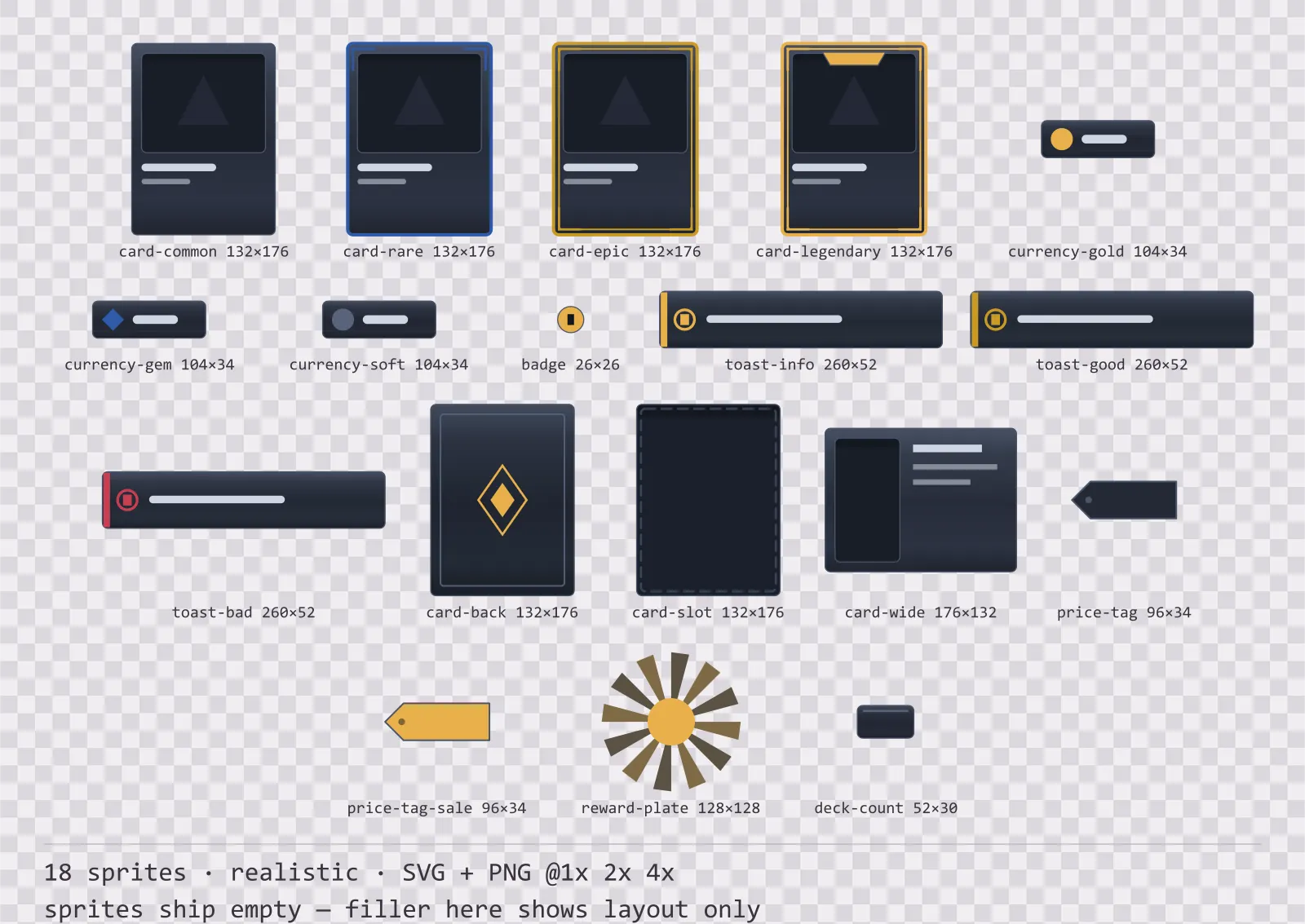 Sheet showing 18 realistic card, currency and notification components from the Slate family, arranged on a transparency checkerboard with their pixel sizes printed underneath